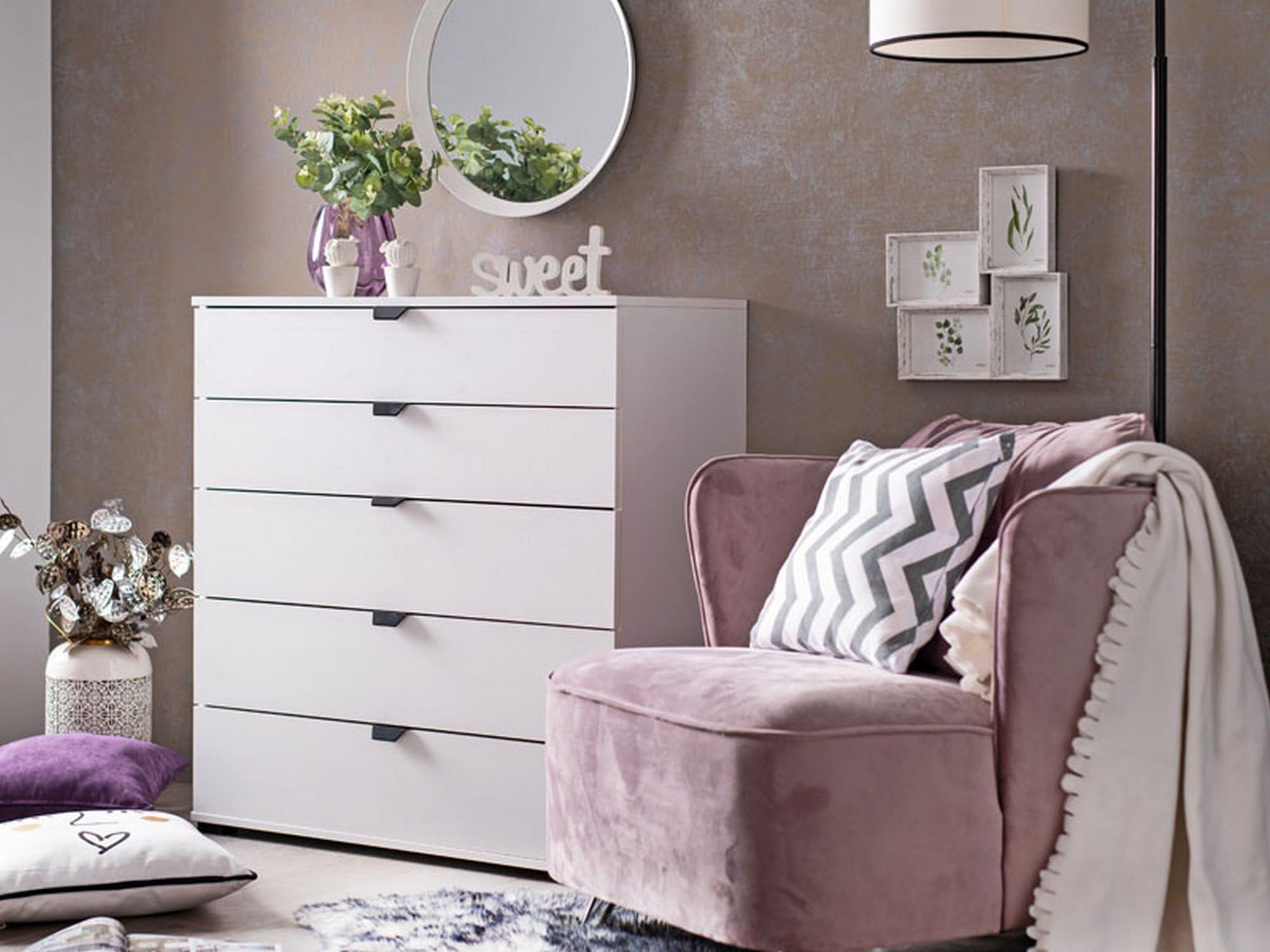 Dmora Cassettiera Chikeha 90x40x95h cm Bianco 5 Cassetti Apertura Scorrevole, Chiusura Scorrevole