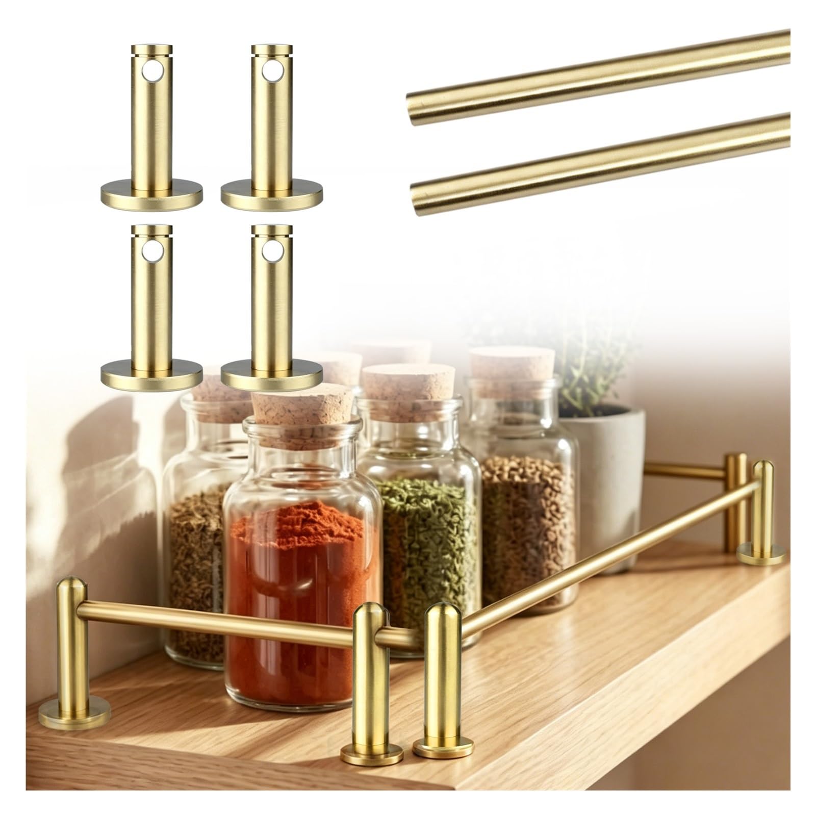 2 PCS Kitchen Decor Railing 8"-39", Brass Anti-Slip Glass Shelf with Bases and Screws, Customizable & Cuttable Cabinet Guardrail Bar for Bathroom/Bookshelf/Wardrobes(Style b,L 31"/78.7cm)