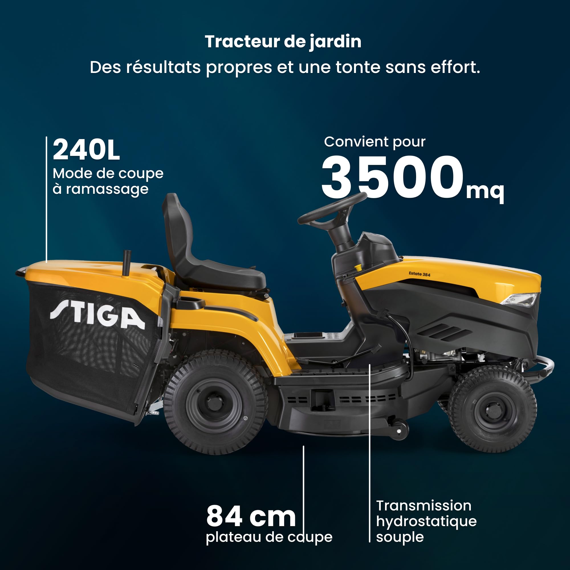 STIGA Estate 384 Tondeuse Thermique, 432 CC, 84 cm – Transmission Hydrostatique, Bac 240 l, Émbrayage Électrique – Pelouses jusqu'à 3 500 m²