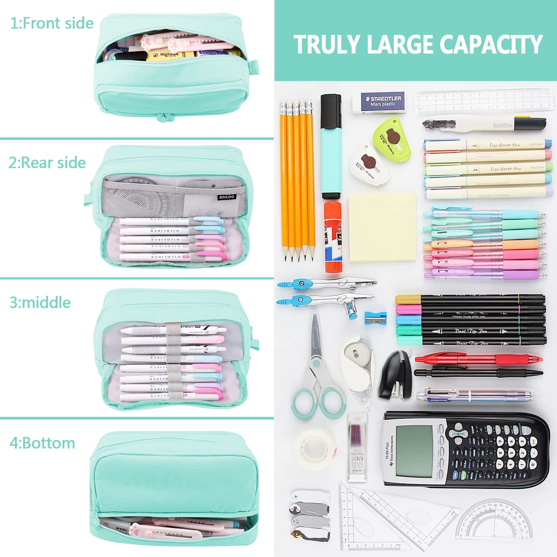 TZEKING School Pencil Case with 4 Compartments, Large Pencil Cases, Capacity Pencil Case, Organizer Holder - Image 3