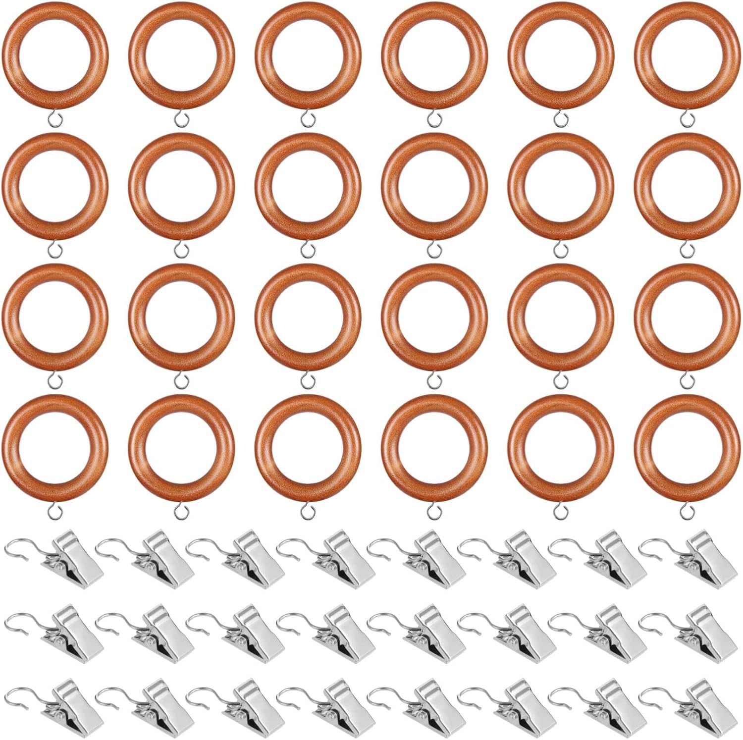 Wood Curtain Rings Set, 48 Pcs, Includes Clips and Hooks, Teak, and Silver, 1.77 in