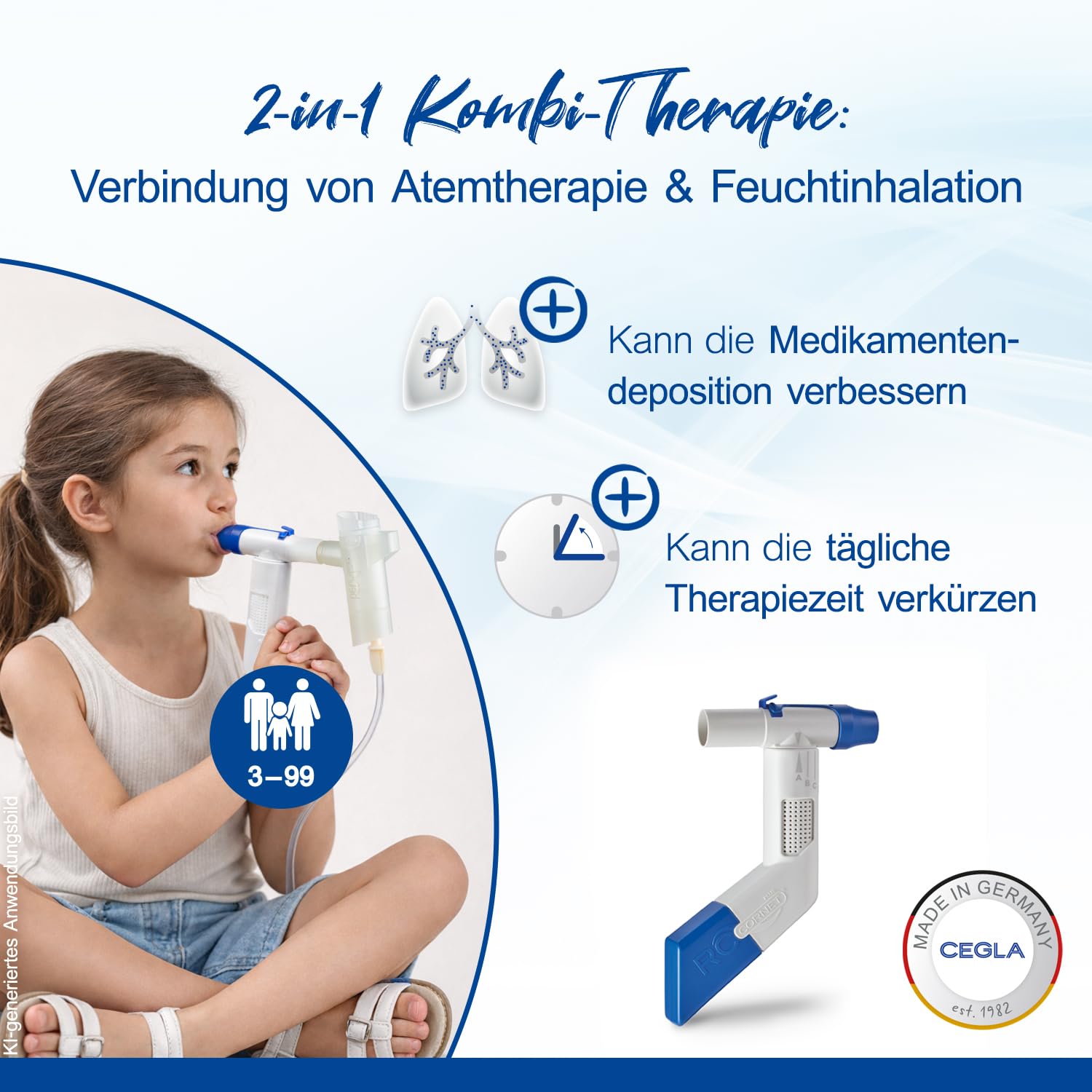 CEGLA RC-Cornet PLUS Dispositivo per terapia respiratoria, riduce la tosse, scioglie il muco, allevia la dispnea – Con attacco inalatori, libera le vie respiratorie inferiori e agevola la respirazione