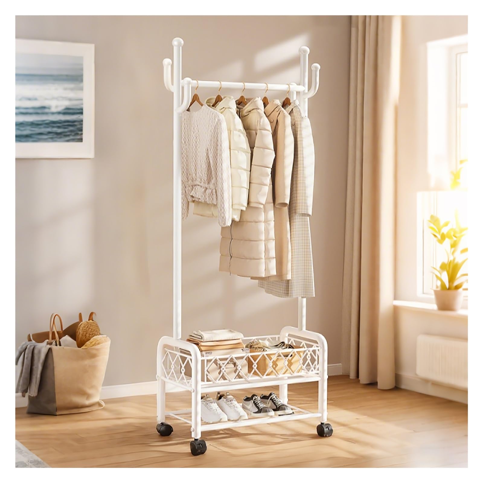 FGXHHS Sturdy Portable Metal Clothes Rack with Shoe Storage - Elegant Freestanding Coat Hanger for Entryway & Bedroom, 31.5in White Organizer, Space-Saving Design Shoes