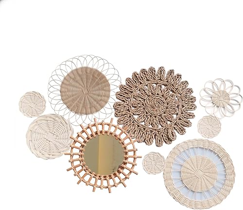 Juego de 9 cestas colgantes de mimbre para pared, decoración de pared de mimbre para colgar, perfecta para un bohemio, decoración de pared de ratán,