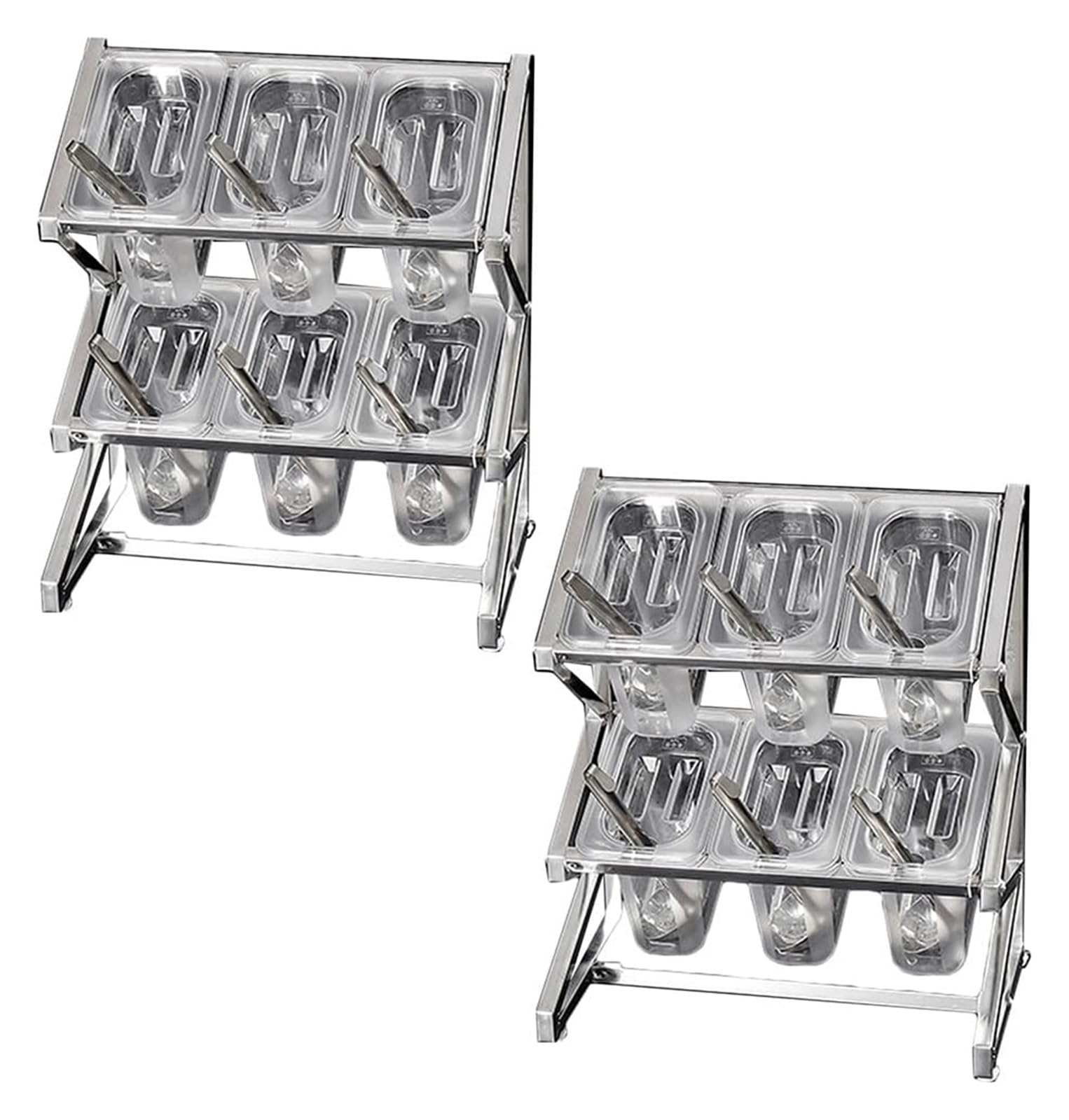 Stacja do polewania pizzy, puszki na przyprawy, 2-rzędowy przezroczysty stojący organizer na blat do przechowywania przypraw z zestawem pokrywek łyżek (srebrny) 60 x 20 x 40 cm