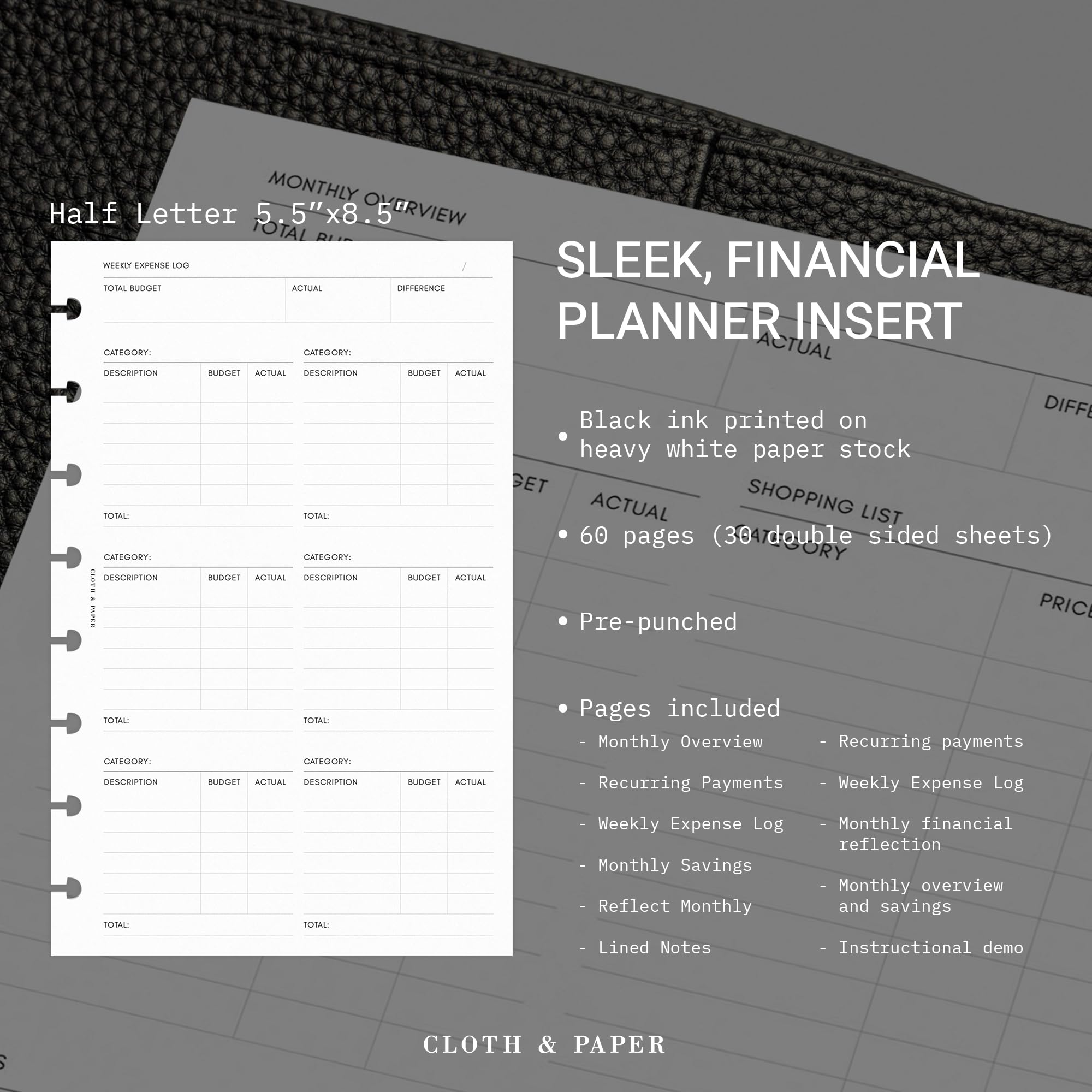 Planification financière, 60 pages (30 recto-verso), suivi budgétaire, paiements récurrents, aperçu mensuel, journal des dépenses hebdomadaires, économies et réflexion, papier épais à disque