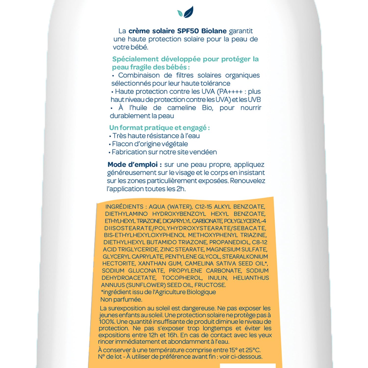 BIOLANE - Creme Solaire Bebe SPF 50-200ML - Haute Protection Contre UVA et UVB - Peaux Sensibles - Résistant à l'eau - Filtre Solaires Sécurité Bébé - Fabriqué en France