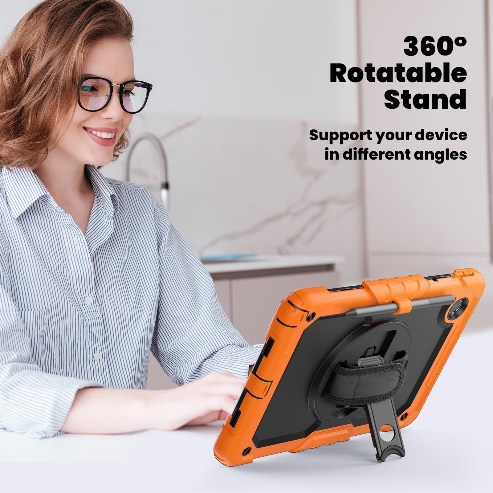 Kompatybilny z Lenovo Tab M11 TB-330FU/Lenovo Xiaoxin Pad 2024 TB-331FC Wytrzymała, odporna na wstrząsy obudowa TPU, osłona ochronna osłoną ekranu Obrotowa podpórka 380 + pasek rękę + ramię(Orange)