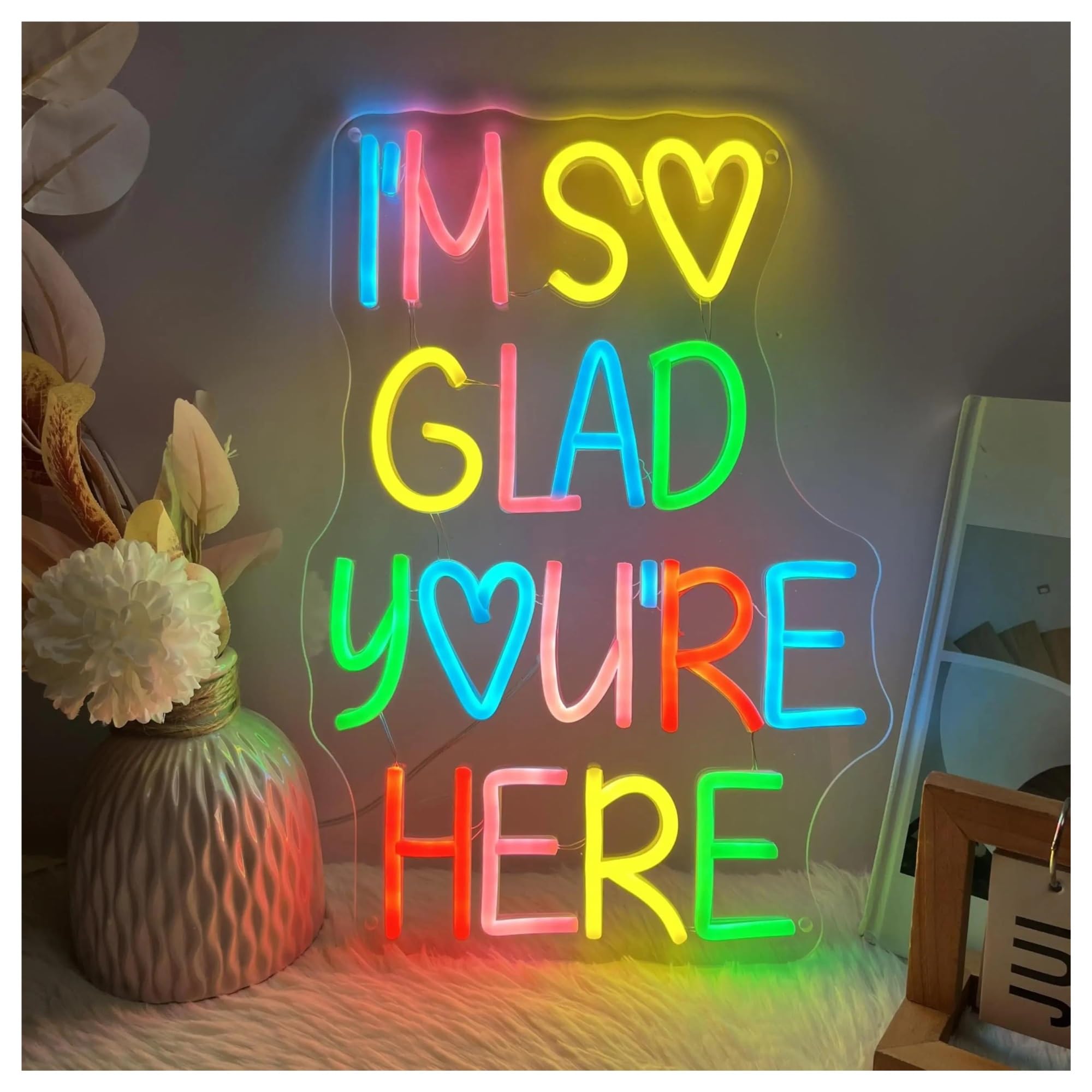 RONGCH Hanging Art Neon Signs I'm So Glad You're Here Neon Sign USB Powered Dimmable Light for Bedroom Classroom Wedding Party Store Decor 41.4cmx28.4cm