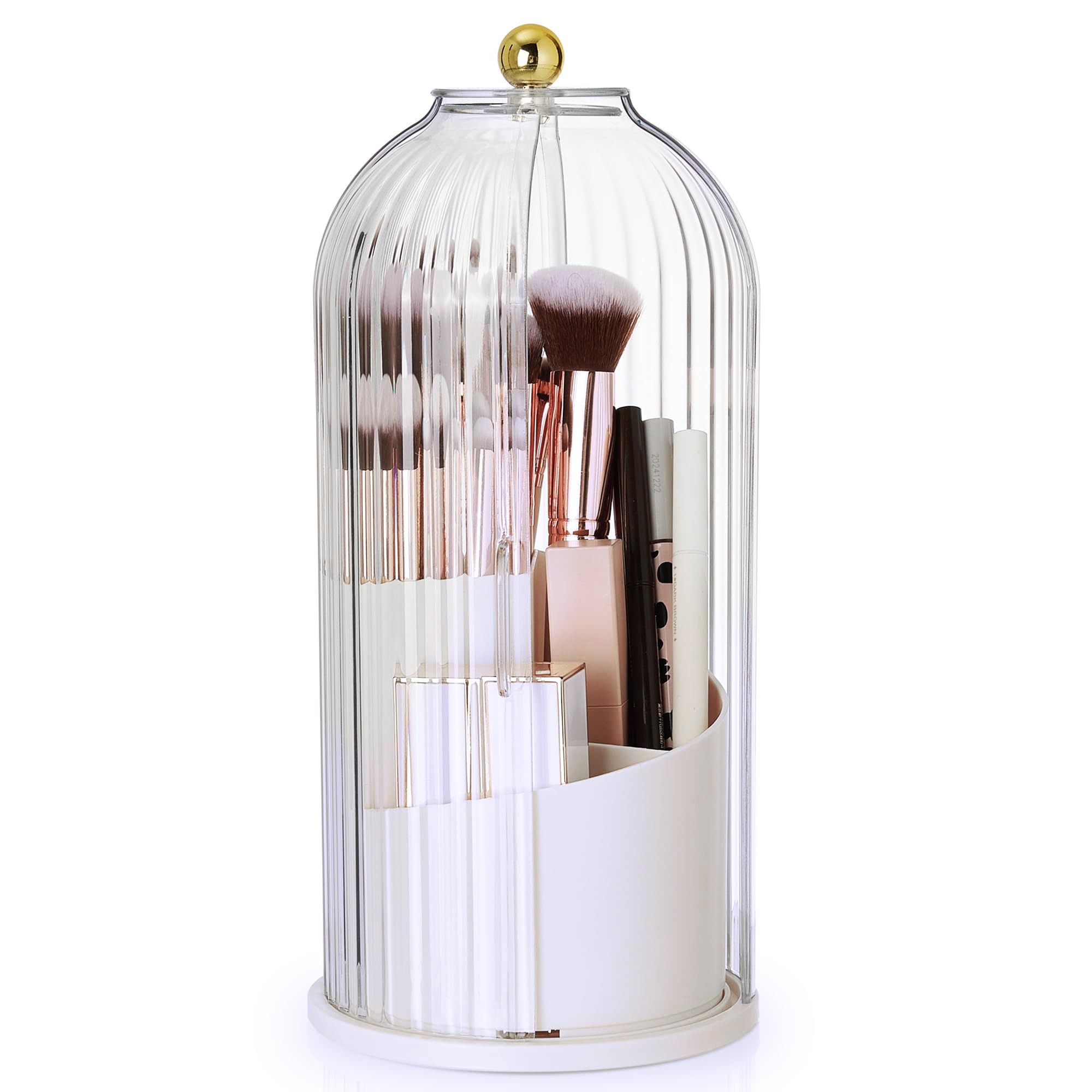 STORICANS Makeup Brush Holder Rotating Organiser with Clear Lid,Sliding Opening Dustproof Makeup Brush Case Make up Organizer Storage for Dressing Table Organiser,Vanity,White