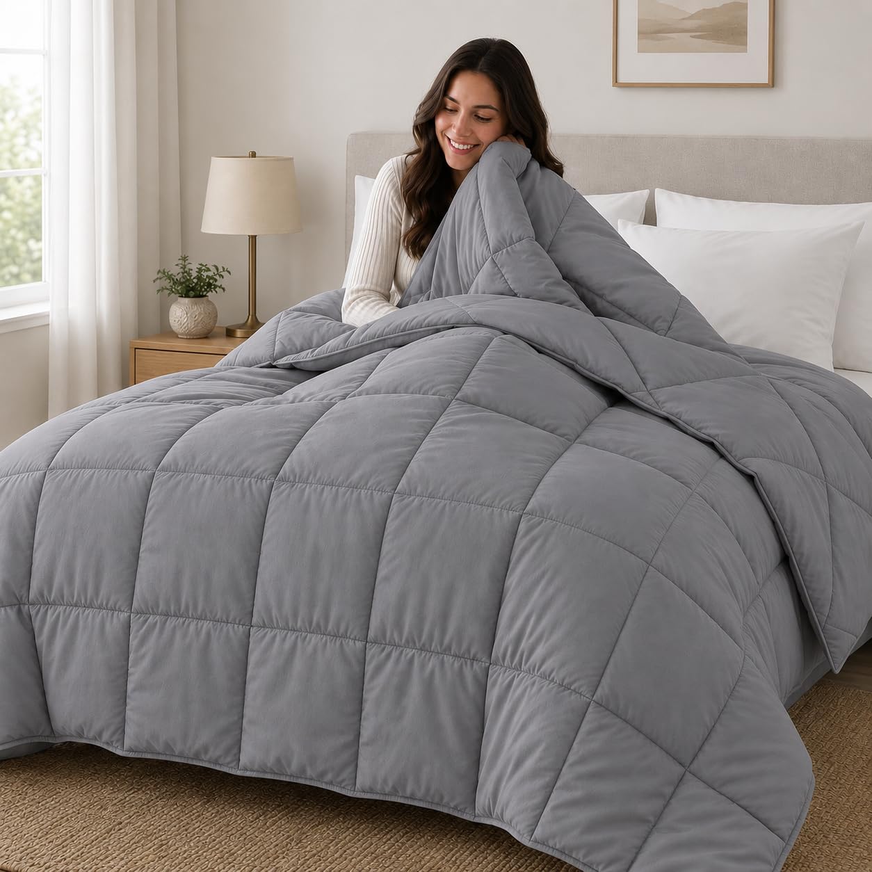 Grey AC Comforter 90 x 100 Inch Double Bed | Ultra Soft Microfiber Comforter | Lightweight All Season Quilt | Breathable Bedding Blanket | Jaipur Linen |-image-1