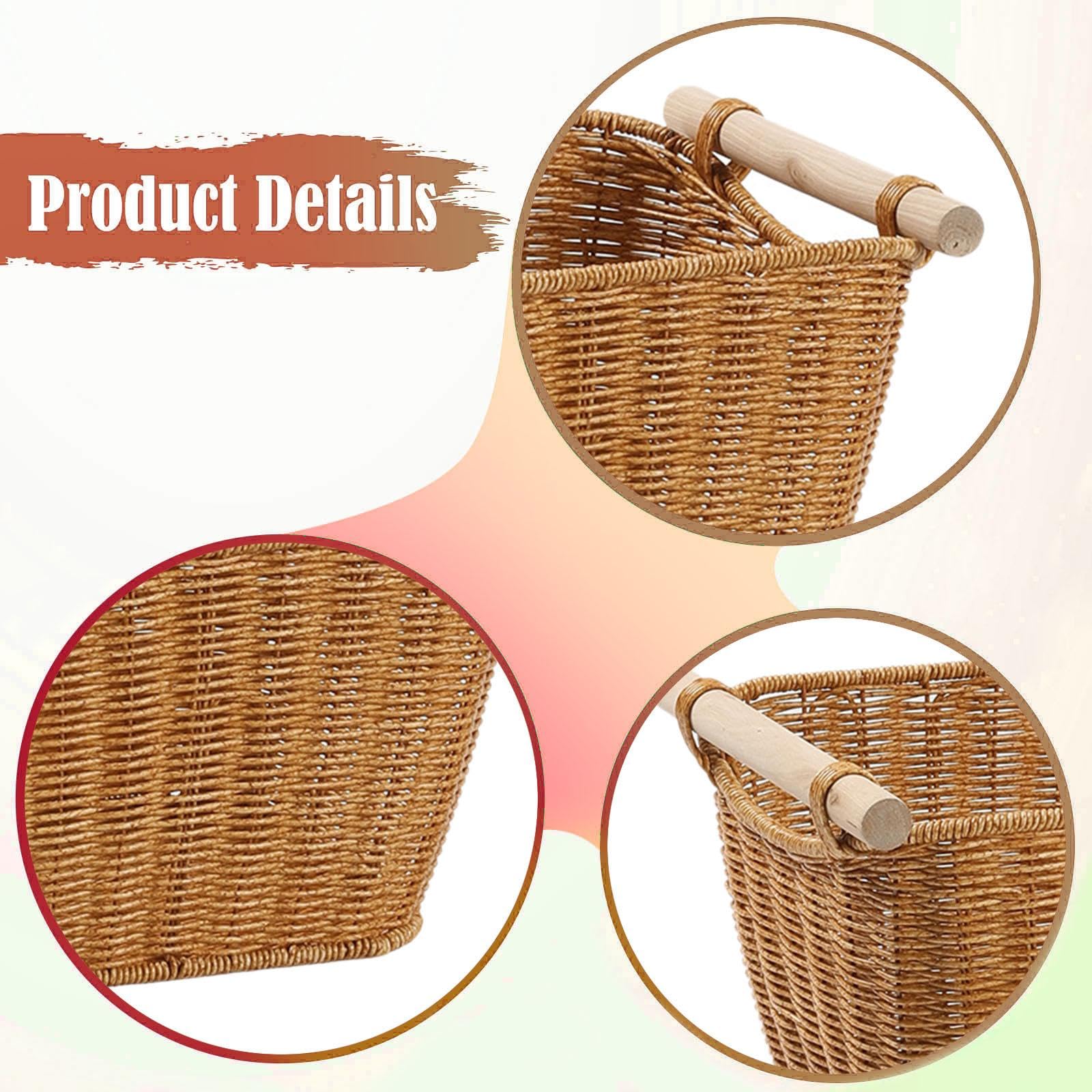 Cesta de Almacenamiento con Diseño Vintage Tejida a Mano Organizador Multiusos con Asas Bandeja de Imitación Ratán Fuerte y Madera Apta para