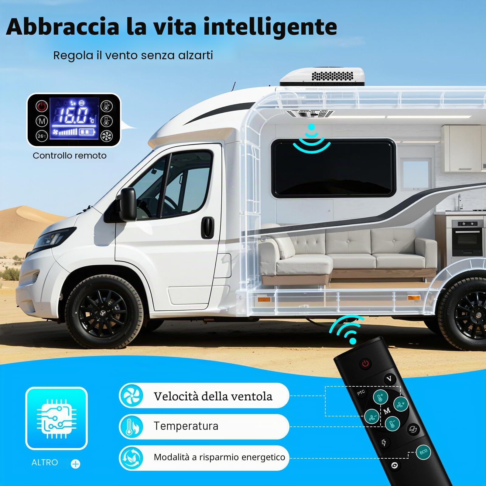 Aria condizionata per camper da 12 V, condizionatore d'aria a tetto, camper da 12 Volt DC con riscaldamento, aria condizionata silenziosa, riscaldamento rapido e raffreddamento per furgoni, camion