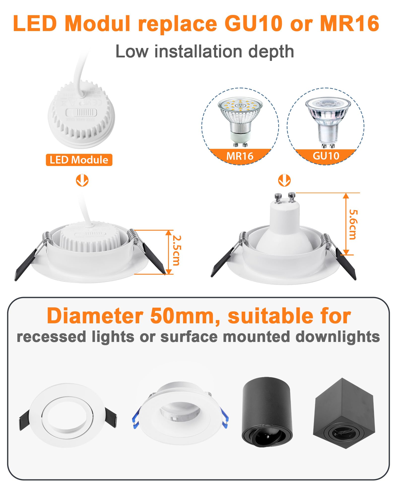 YindaLux 10er Set LED Modul Dimmbar ø50x23mm für Einbaustrahler Aufbauspot 4.9W 500LM 3CCT Warmweiß 3000K Naturalweiß 4000K Kaltweiß 6500K IP44 Wasserdicht 38°Modul Ersetzt GU10 MR16 Leuchtmittel