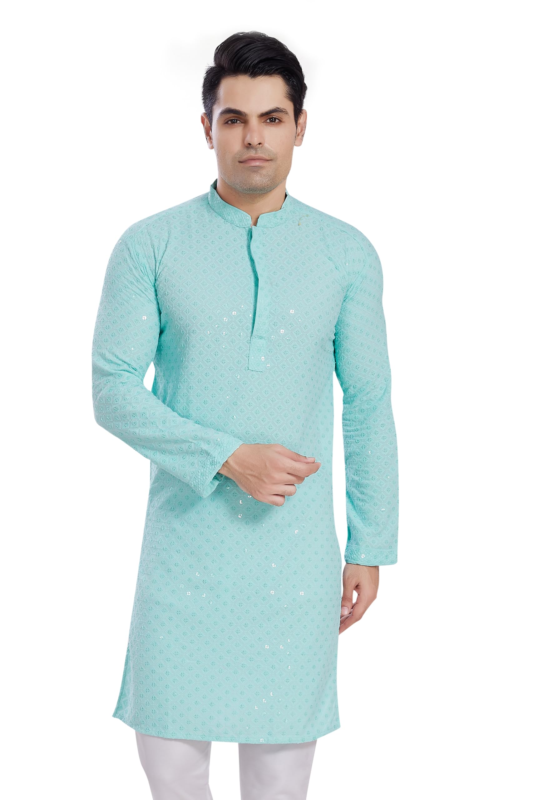 Divisive Men's Sequince Embroidered Cotton Blend Only Slim Fit Kurta (Dkrt521_S_Sky)