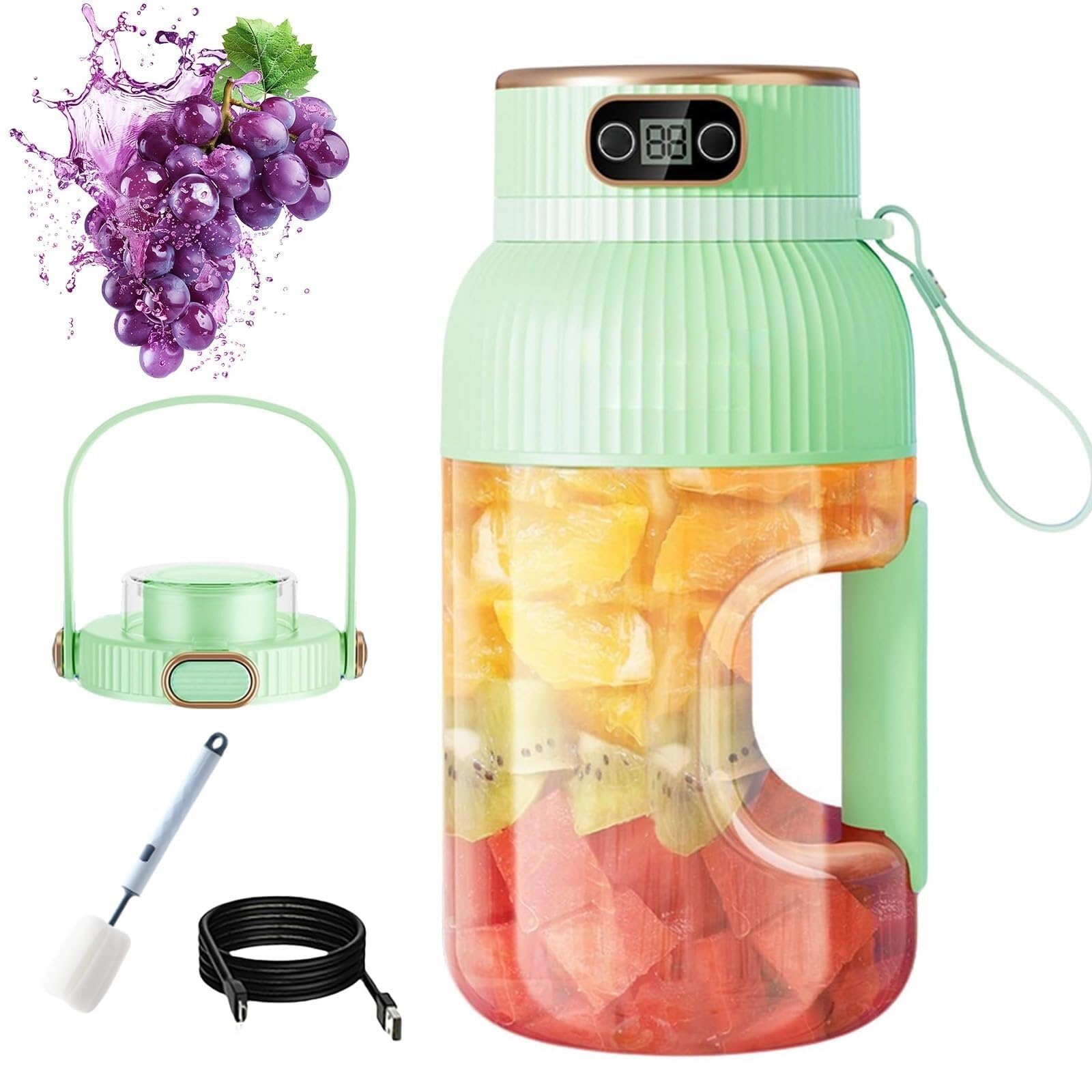 Przenośny blender 3 w 1 Akumulator USB z wyświetlaczem LED Kompaktowy blender do koktajli w podróży na siłownię i użytku domowego(zielony, pojedynczy kubek podwójny lid)