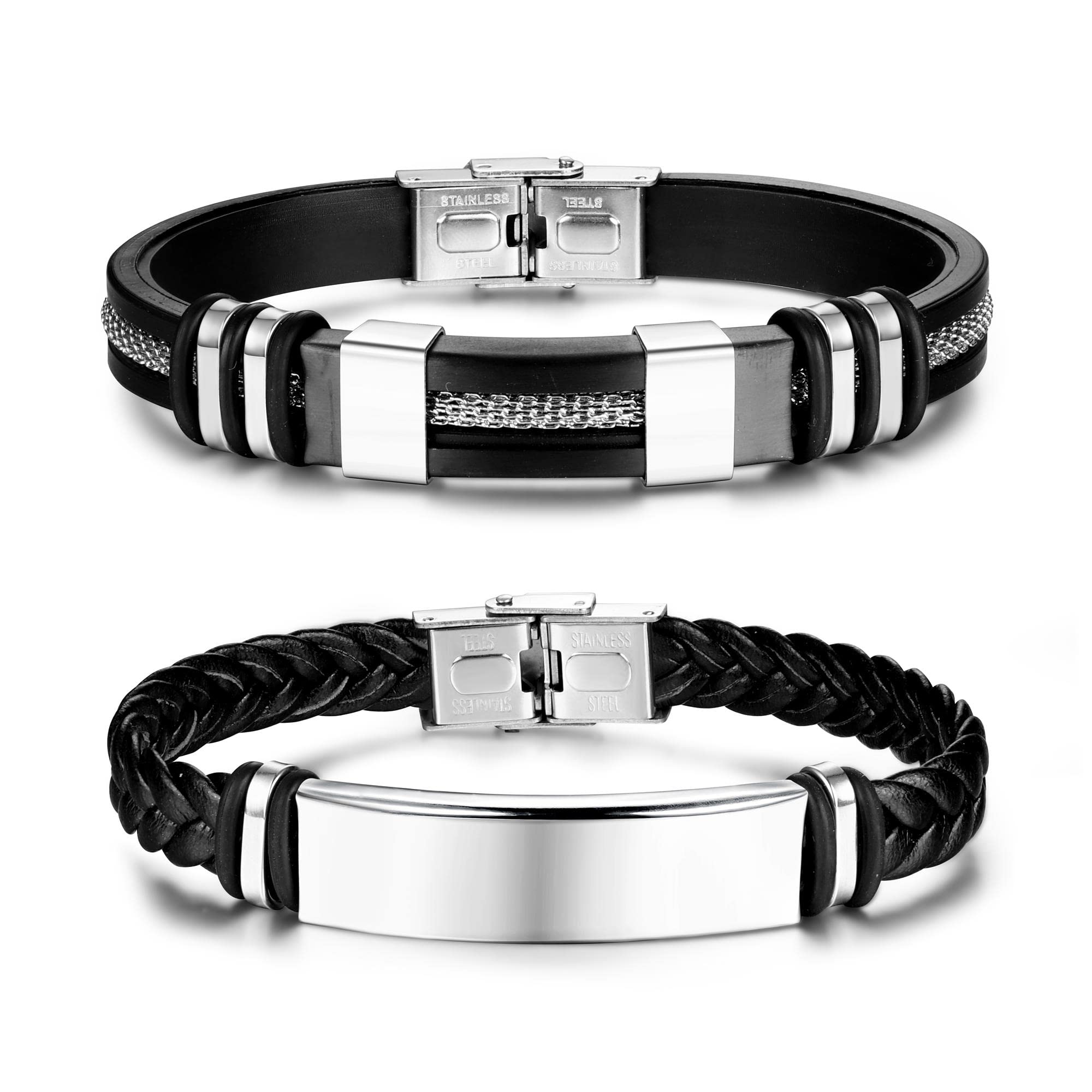 Adramata 2Pcs Pulseras Hombre Cuero Ajustable Pulsera de Silicona para Hombre Pulsera Personalizada Cuero de Acero Inoxidable Pulsera Dia del Padre Regalo Hombre