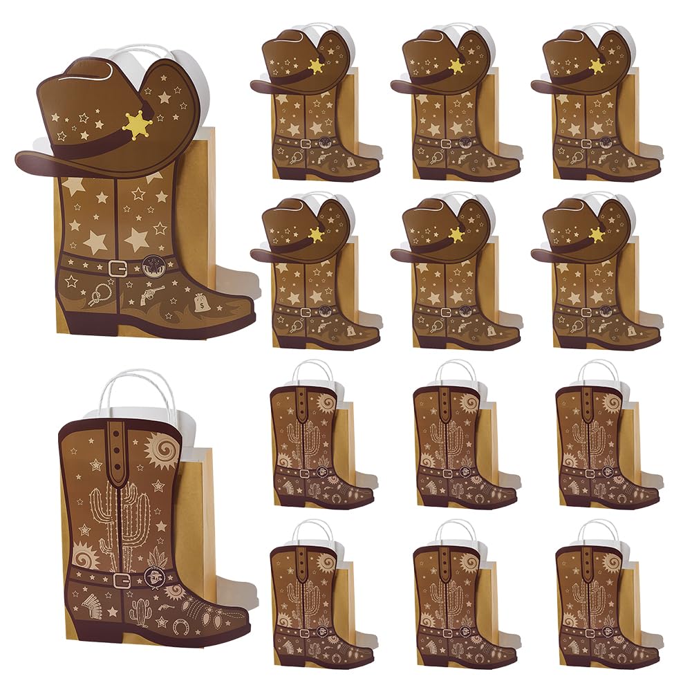 PH PandaHall 12pcs Cowboy Boots Paper Bags Western Hat Party Favors Bag Wild West Goodie Treat Bags Brown Kraft Gift Bag with Handles for Birthday Bachelorette DIY Party Supplies, 8x16x20cm
