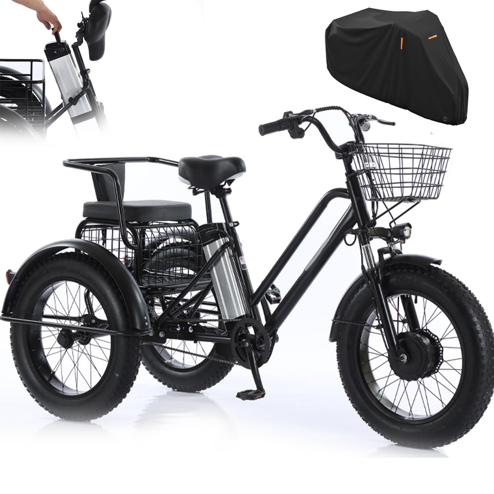 Triciclo Elettrico a 3 Ruote per Adulti – Portata 200 kg B | 20'' Fat Tyres Cargo Ebike, Shopping Basket, 48V/12Ah Removable Battery - Range 35km, for Shopping, Picnic
