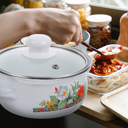 Miniatura 6 de Kichvoe Olla de esmalte con tapa, olla de cocina retro de frijoles esmaltados, olla para pasta, olla de sopa vintage con doble mango para cocinas de