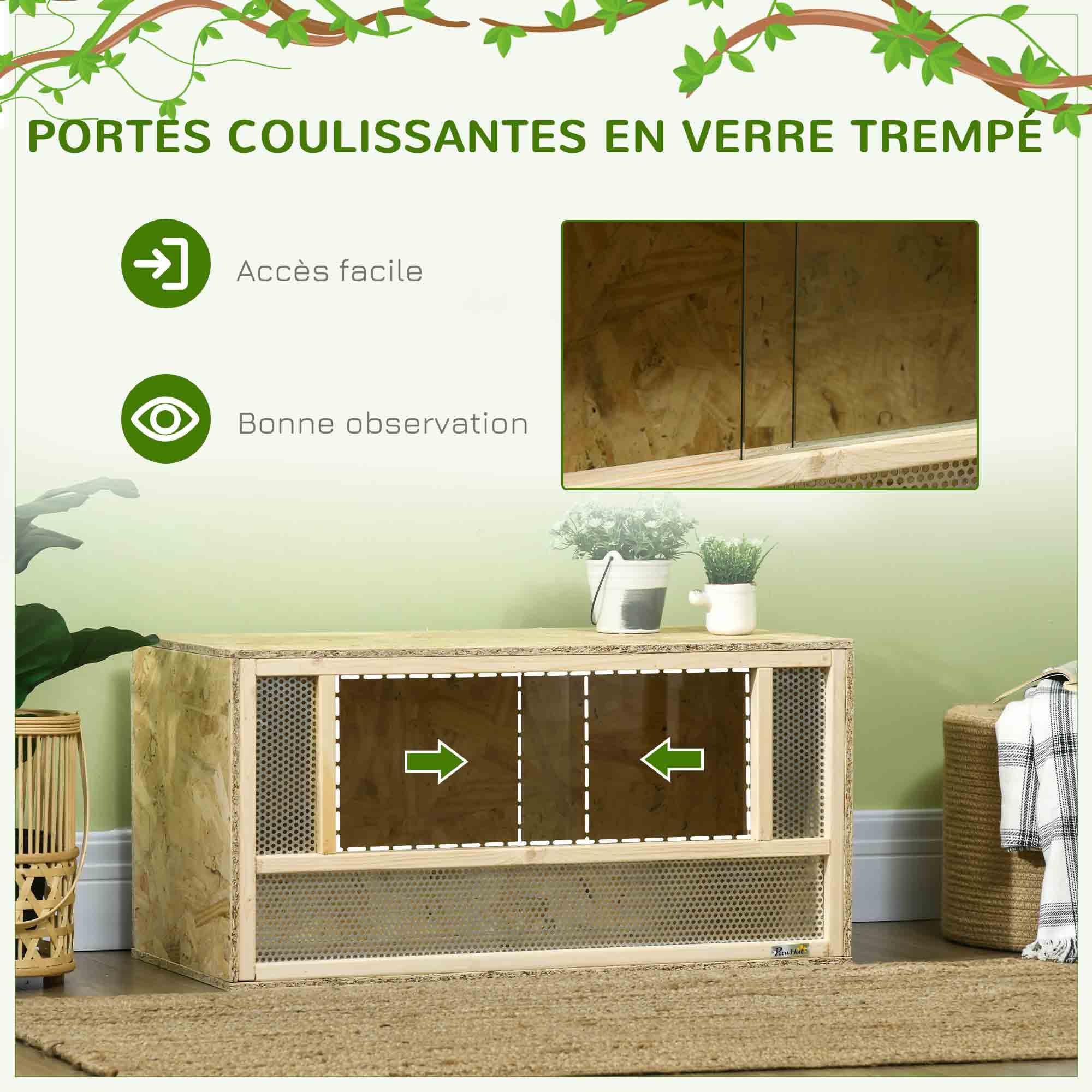 PawHut Terrarium en Bois OSB pour Reptiles et Batraciens avec Porte Coulissante en Verre 80 x 40 x 40 cm Naturel