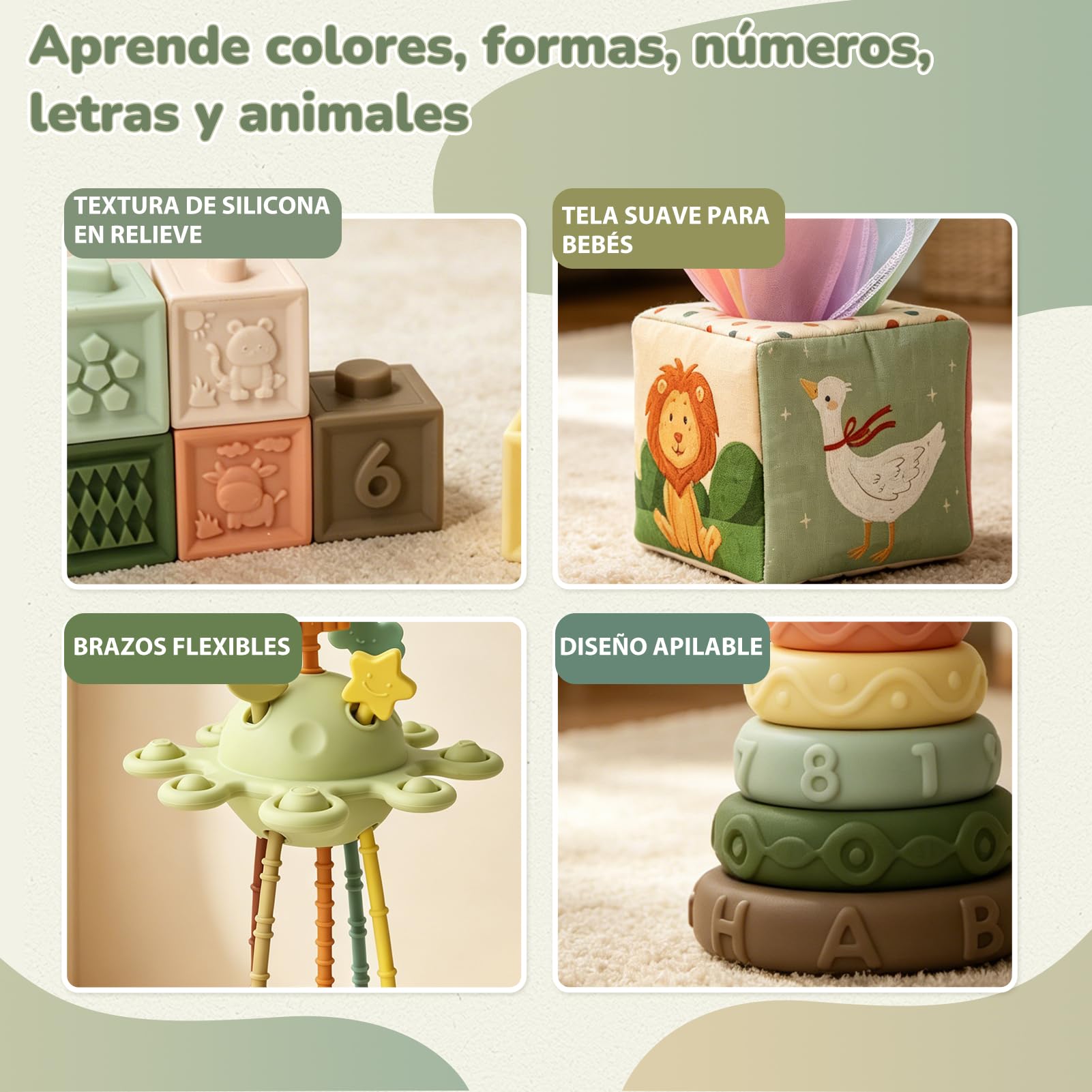 Juguetes Bebes 6 Meses, 5 en 1 Juguetes Montessori Bebes 6-12 Meses con Caja Pañuelos Bebe, Clasificación y Apilamiento de Formas, Bebe Mordedor & Educativos, Regalos Bebés Montessori 7 8 9 Meses