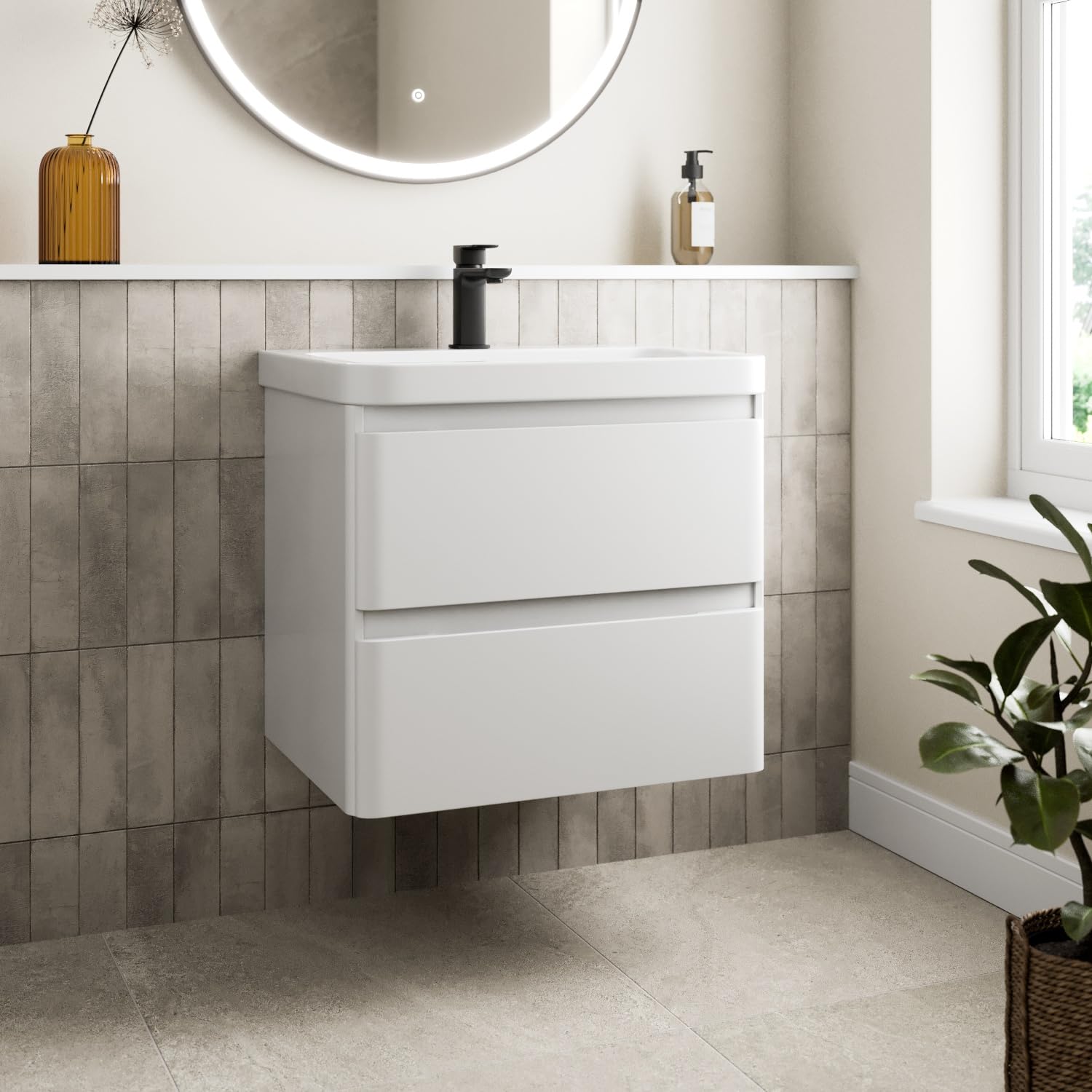 600mm Vanity Unit Wash Basin Sink Bathroom Wall Mounted Storage Cabinet Cupboard Cloakroom, Soft Close Drawers, White Gloss
