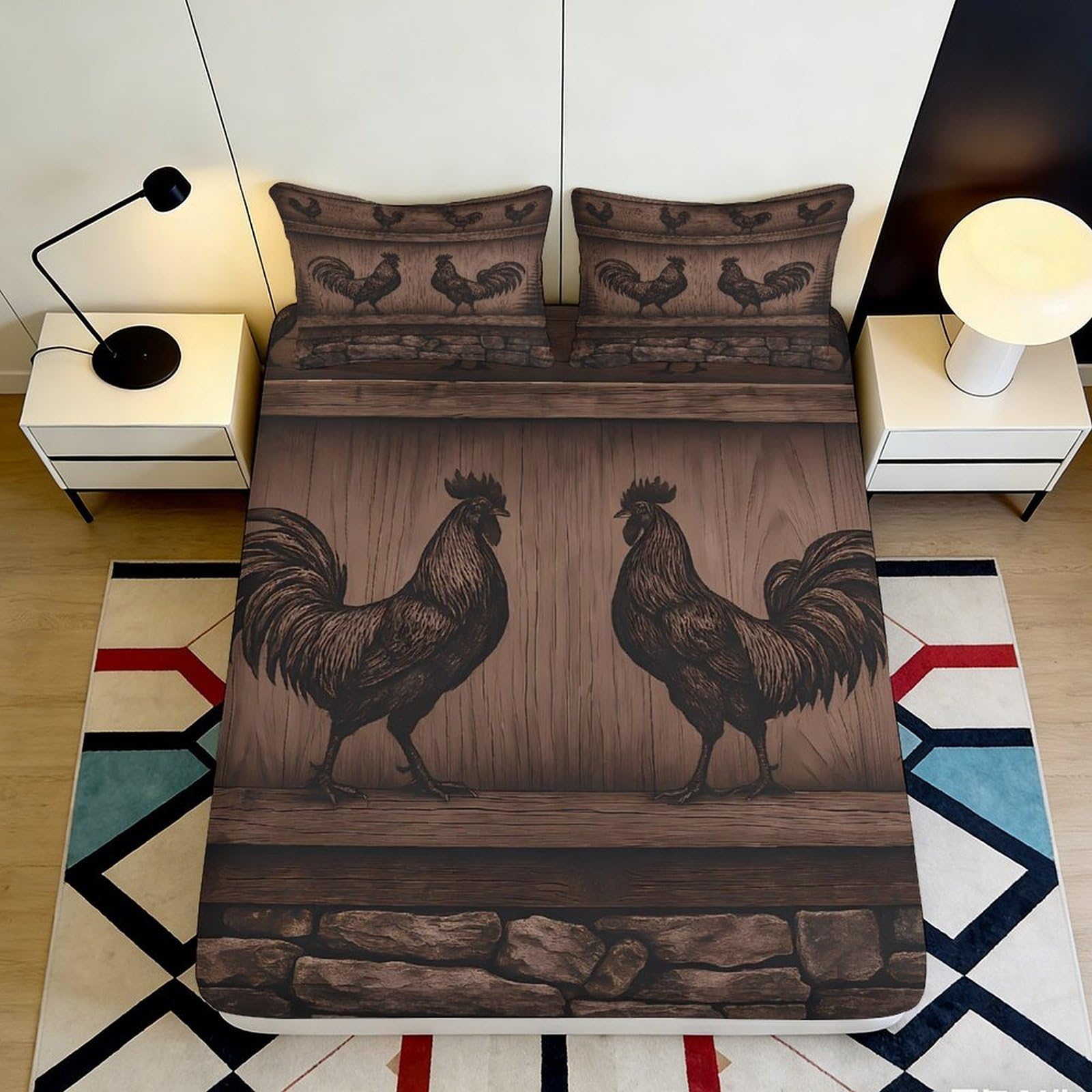 Jqzkxnhpbr Style-10 3D Printed Rustic Rooster Fitted Sheet Microfiber Soft Brown Farmhouse Animal Bed Cover For Bedroom Guest Room Decor 90X200x25cm
