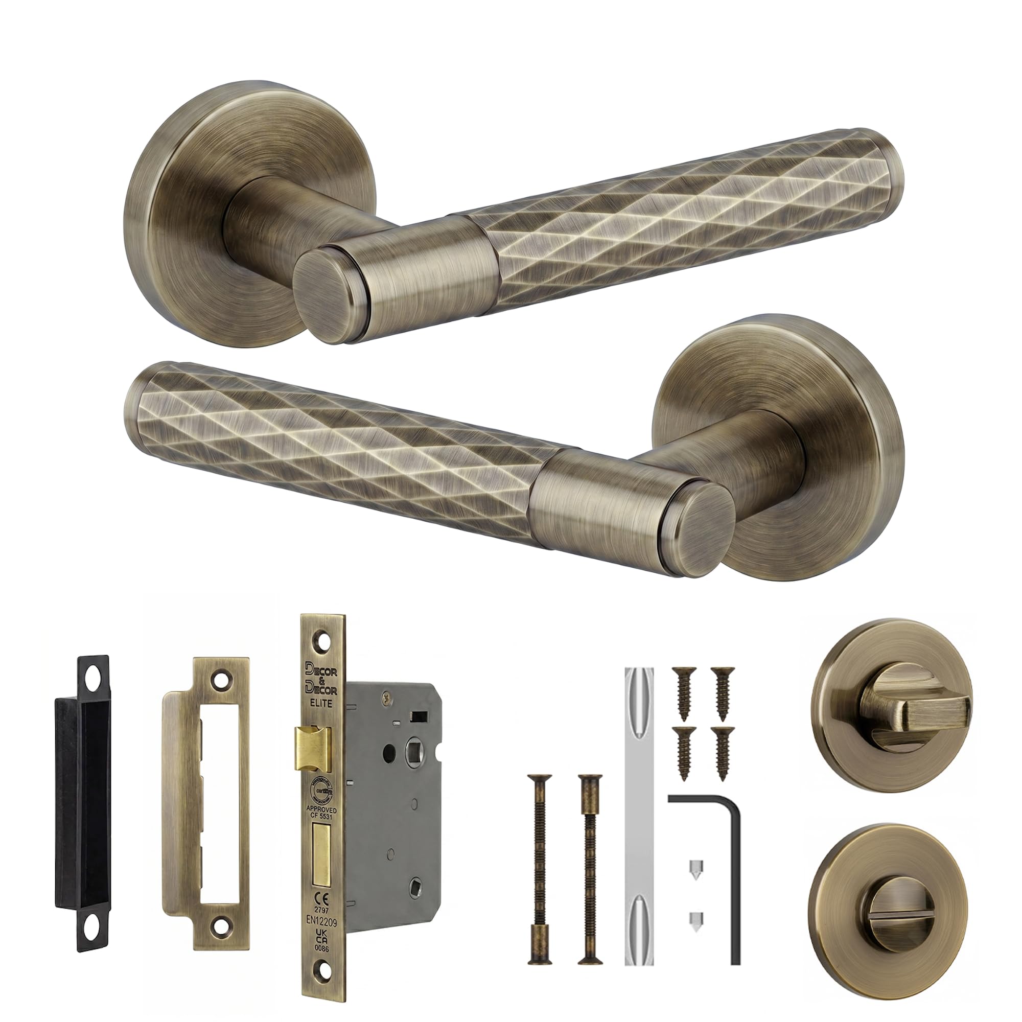 Decoranddecor Tore Antique Brass Internal Door Handles, Bathroom Kit 76mm