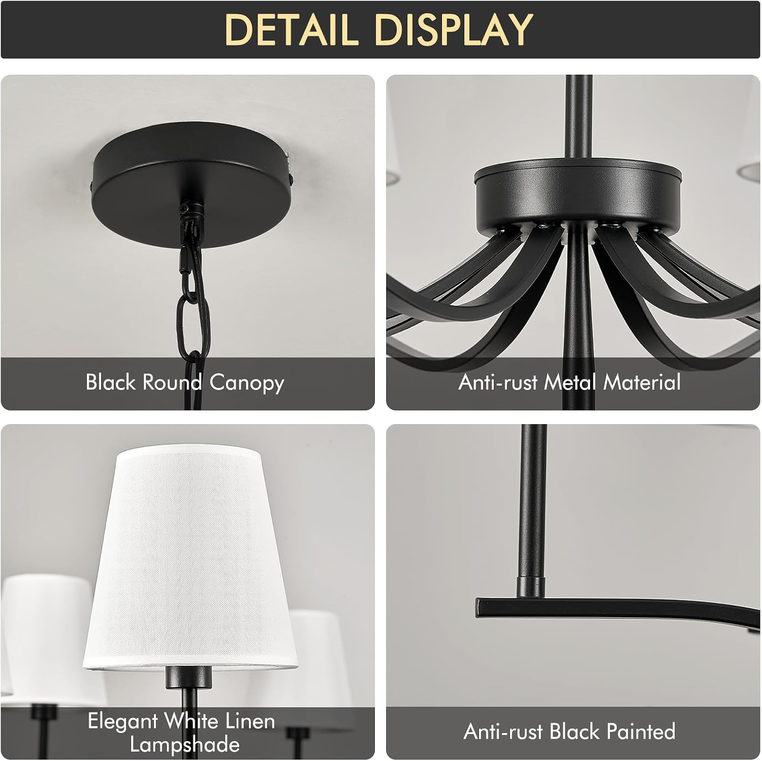 8 Light Black Chandelier with White Linen Shade 44'' Fabric Dining Room Chandeliers Over Table Transitional Living Room Chandeliers for Master Bedroom Entry Hanging Light Fixture Home Office Kitchen