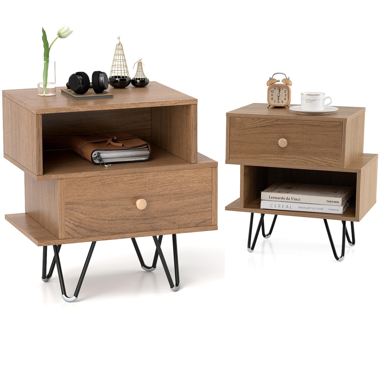 KOMFOTTEU Juego de 2 mesitas de noche de dormitorio con compartimento y cajón, mesillas de noche pequeñas de madera, armario de oficina, mesa lateral moderna para salón, 39 x 29 x 47 cm, natural