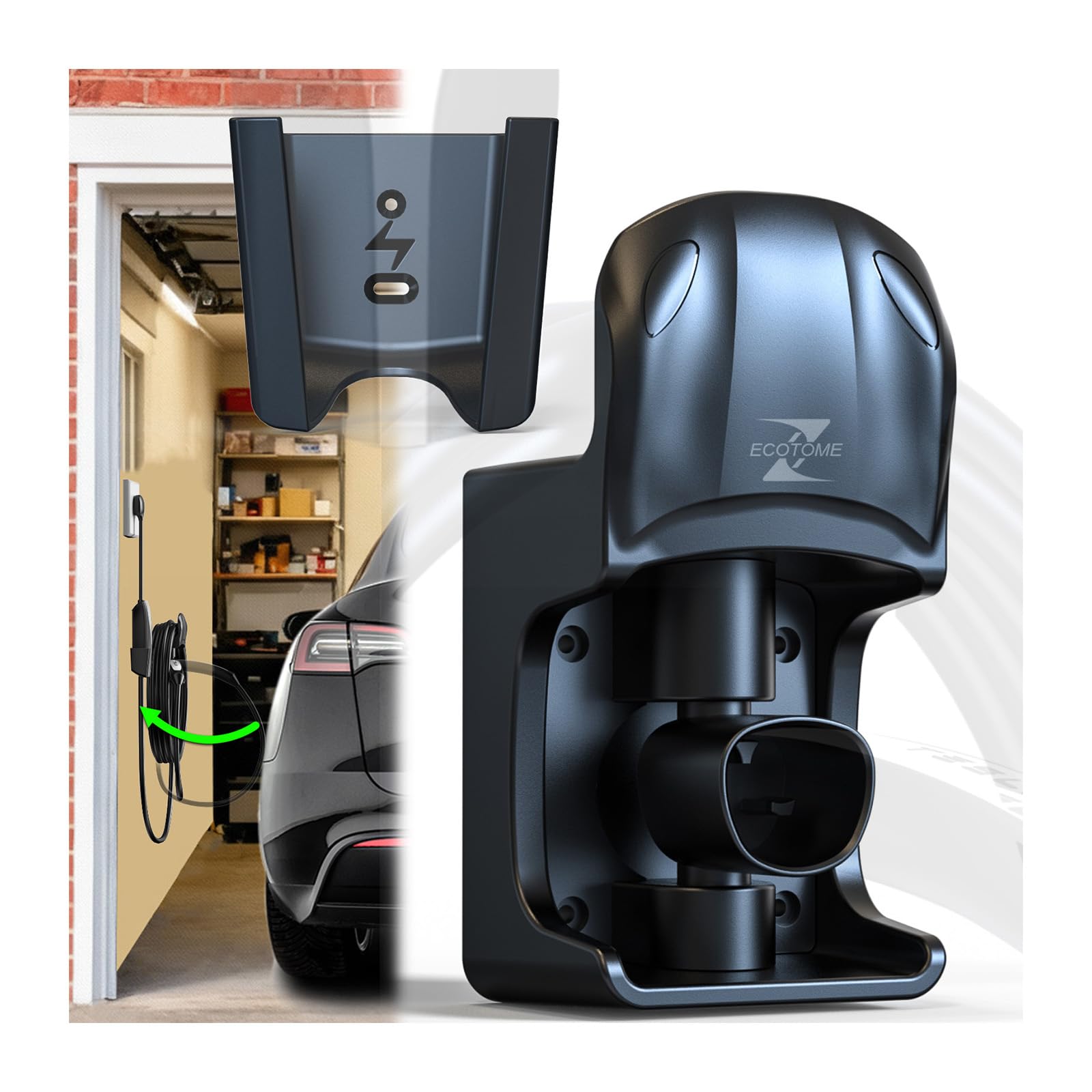 Tesla Charger Holder, Swivel Tesla Mobile Charger Wall Mount, Garage or Tight Space Use, Not Stick Out, Keep 25ft Cord Off Floor, EV Charging Cable