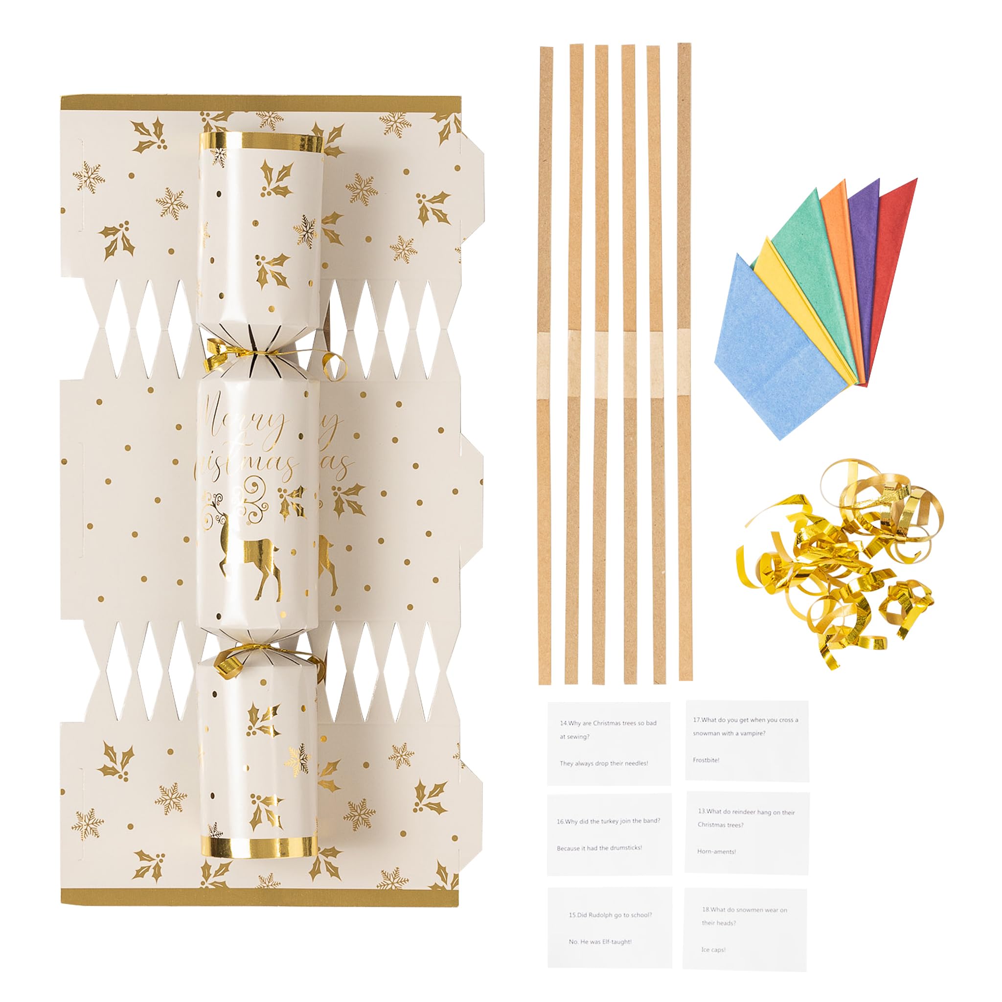evelay Make Your Own Christmas Cracker kit Crackers Hats Snaps Jokes (Gold Reindeer) Pack of 12