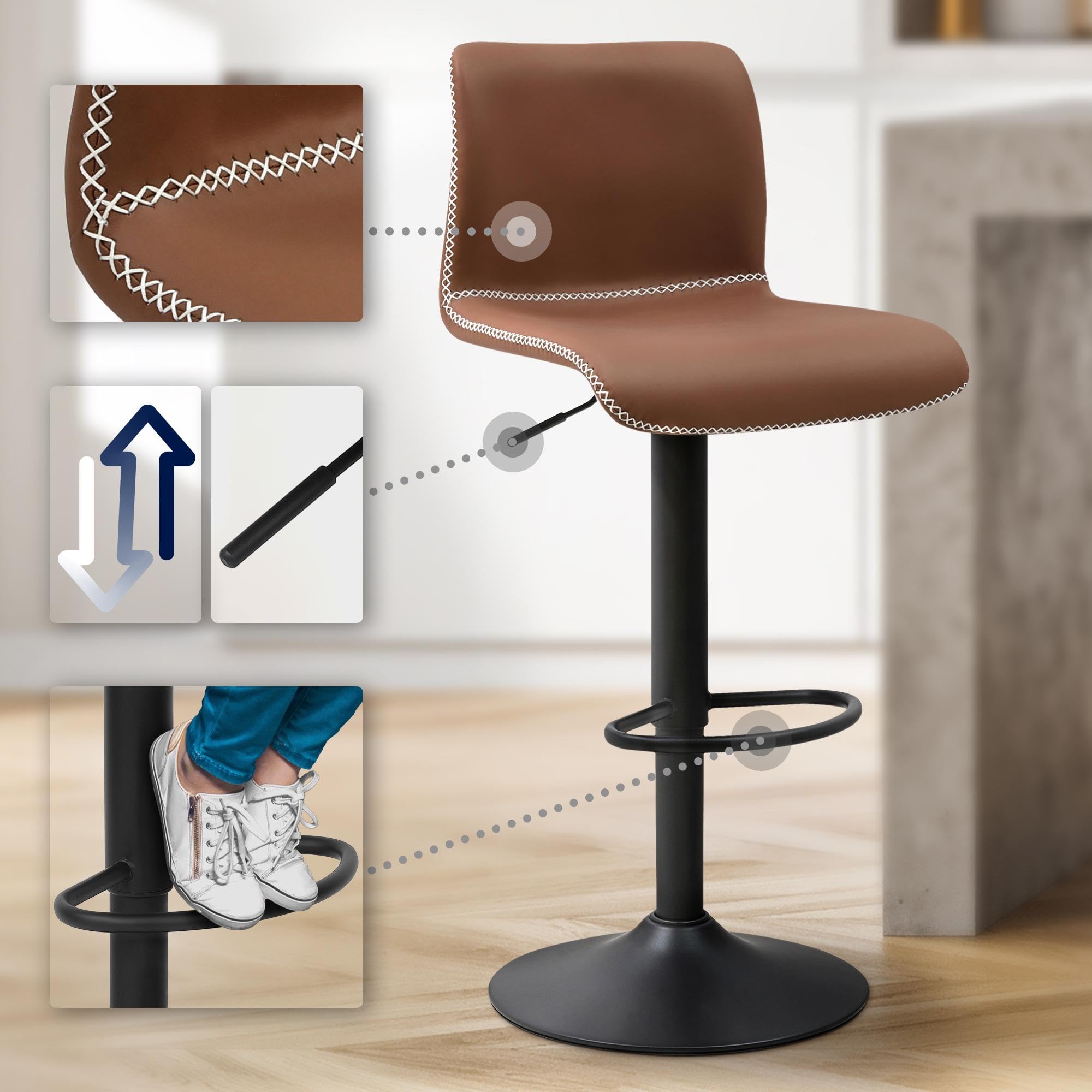 CLP Taburete de Bar Ajustable en Altura con Respaldo, Taburete Giratorio Henchy con Respaldo para Barra de Cocina, Color:marrón