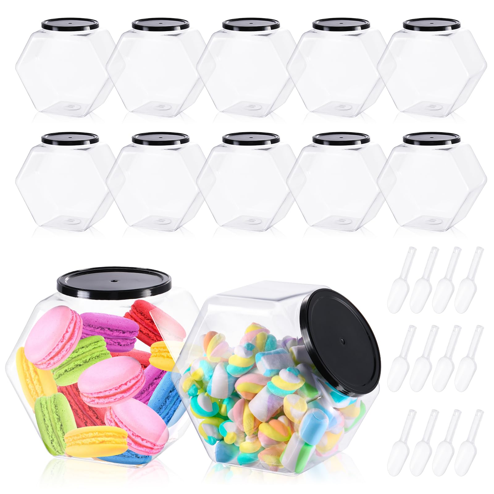 Uiifan 12 Sets Plastic Candy Jars 73 oz Hexagon Cookie Jar for Candy Buffet with 12 Candy Scoops Clear Candy Containers Wide Mouth Cookie Jars with Lids for Kitchen Counter Cookies Laundry Detergent