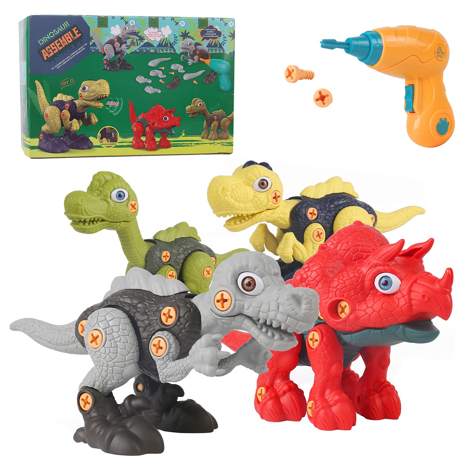 Obbug Take Apart Dinosaur Toys 4 Pack Dinosaur Building Kit with Electric Drill DIY Construction STEM Educational Engineering Set Play Kit Kids Toys for 3 4 5 6 7 Year Boys and Girls
