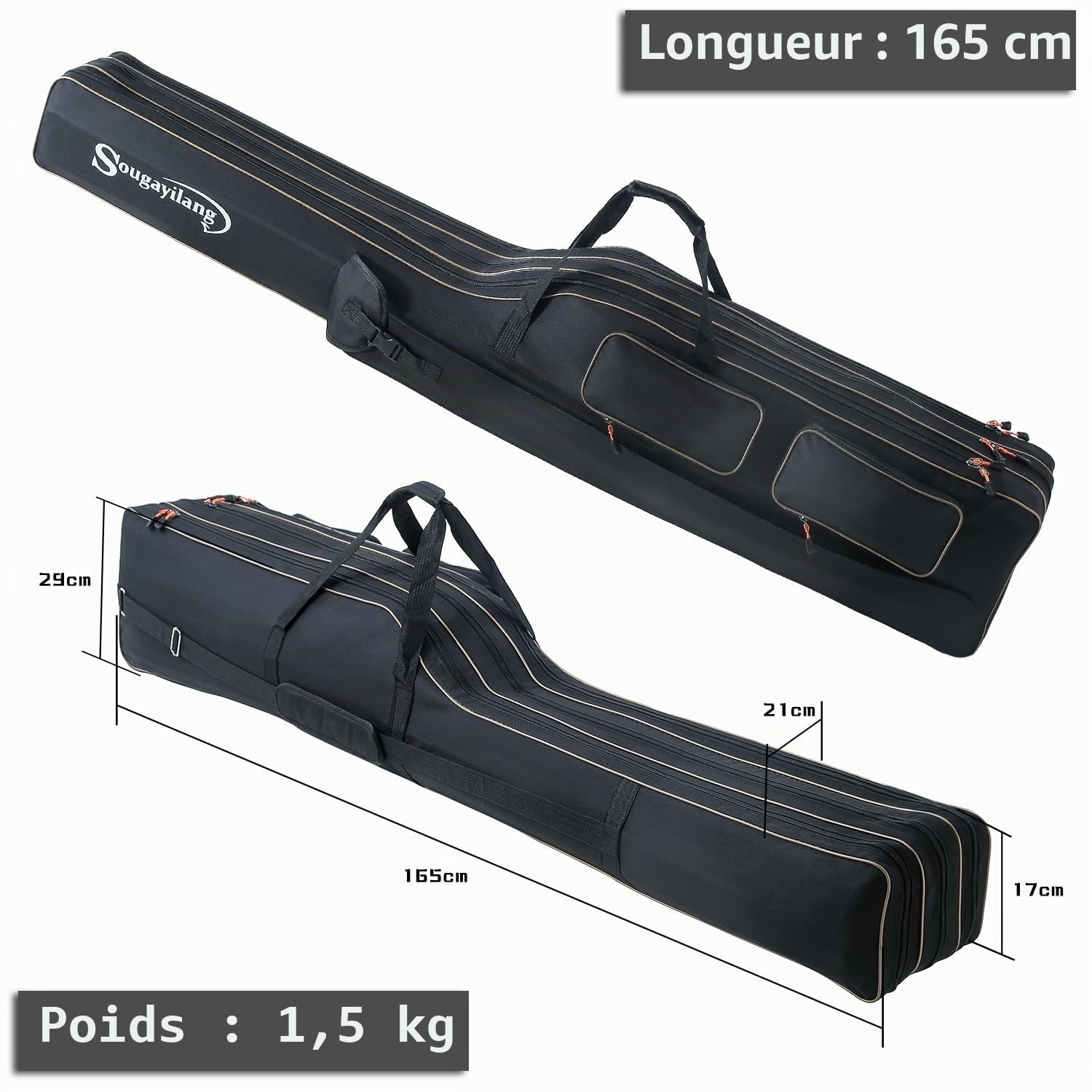 Sougayilang Sac de transport pliable pour canne à pêche - 3 couches - Grande capacité de rangement - 165 cm - Noir