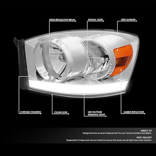 Miniatura 2 de DNA MOTORING HL-LB-DR06-CH-AM - Faros delanteros cromados ámbar, haz alto y bajo con barra de luz LED de repuesto compatible con Dodge Ram 1500