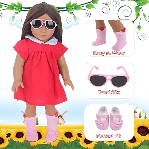 Miniatura 8 de MSYO Zapatos de muñeca para muñecas de 18 pulgadas, 9 pares de zapatos de muñeca lindos al azar de 6, zapatos de unicornio morado, botas de muñeca