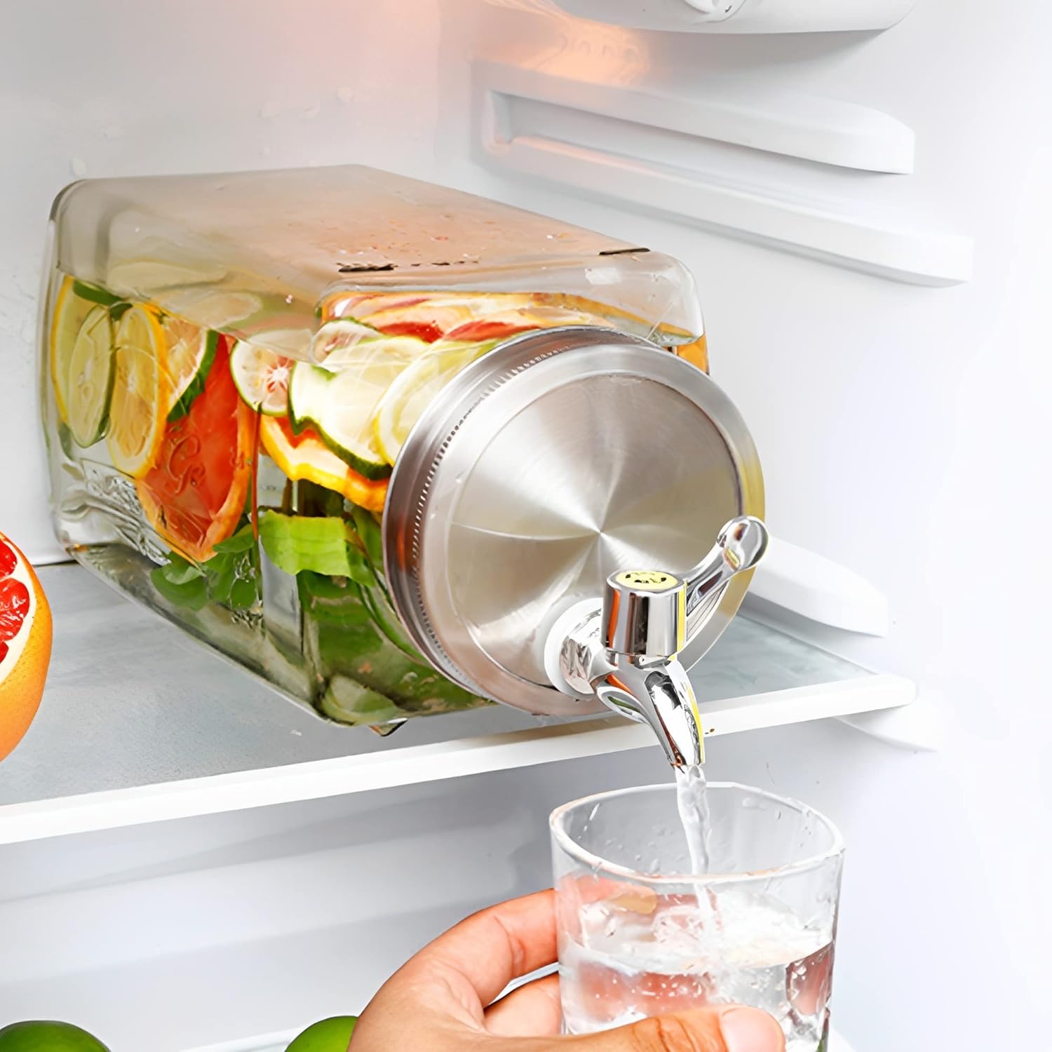 Glass Beverage Dispenser for Parties, 5 Litre Drink Dispenser for Fridge,Jar Glass Juice Dispenser with Leakproof Stainless Steel Spigot for Outdoor, Parties and Daily Use, Clear
