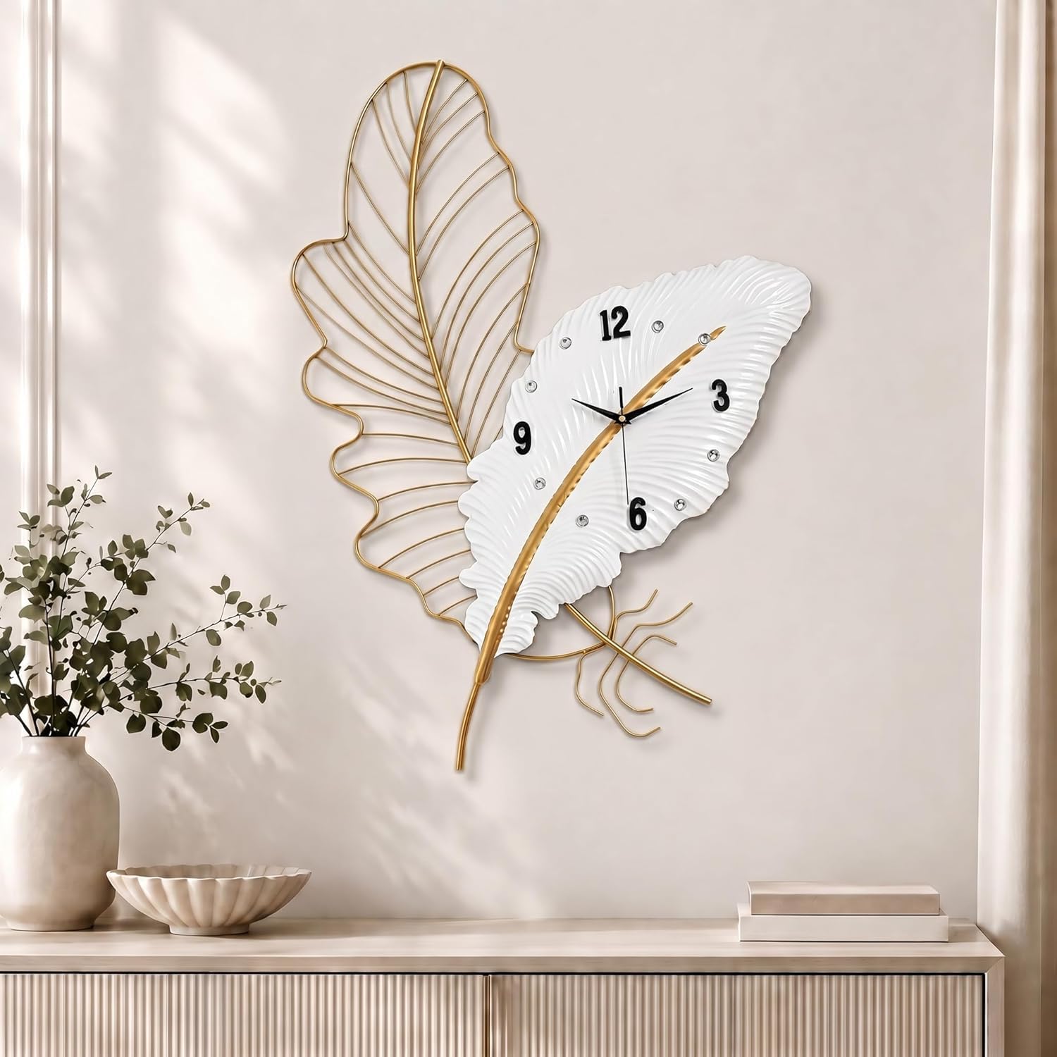 Generico Orologio da Parete Silenzioso,Ornamento 3D a Forma di Piuma
