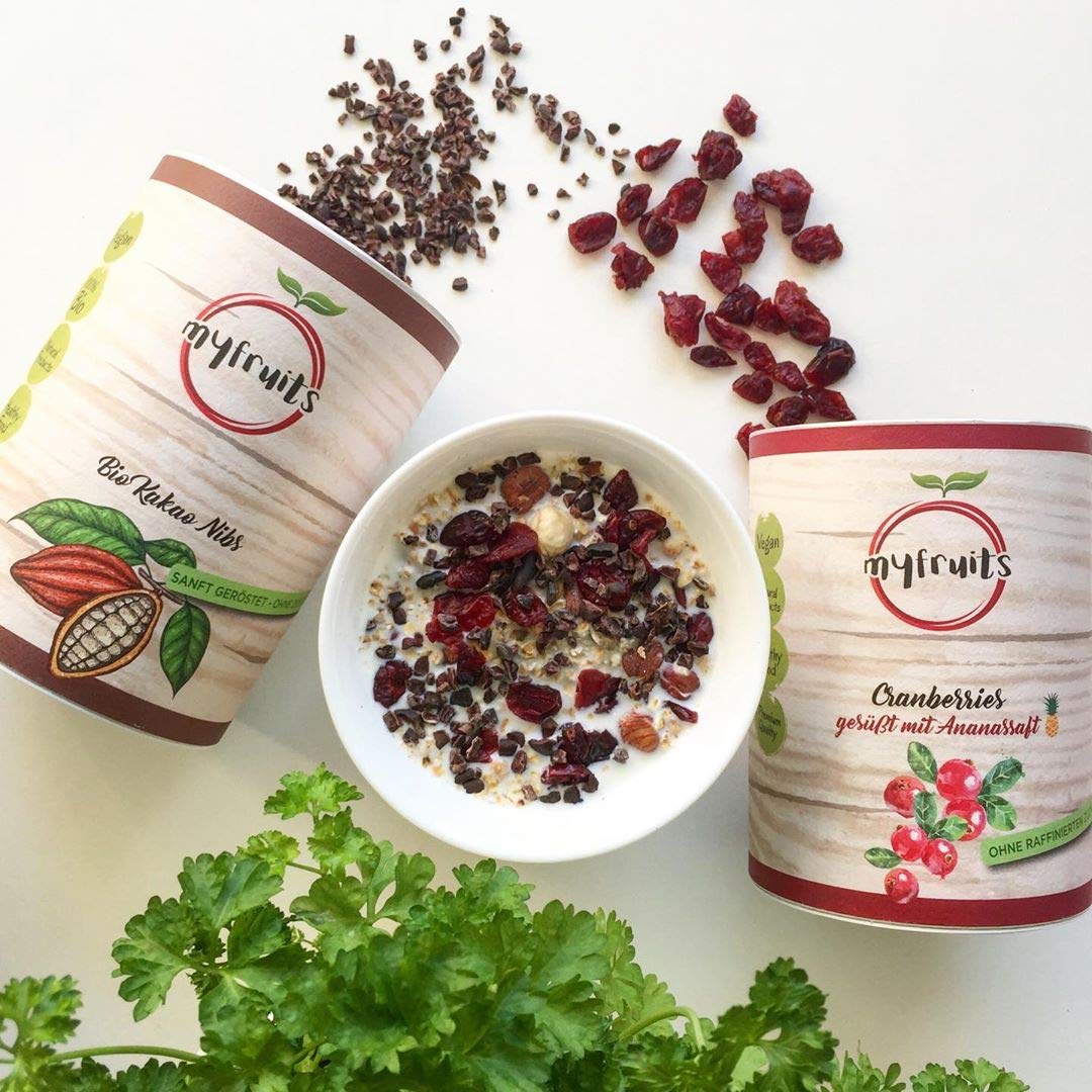 myfruits Bio Nibs kakao, 1000 g, kukurydza kakaowa bez dodatków, bez cukru, delikatnie prażone dla uzyskania czekoladowego smaku, do pieczenia lub musli
