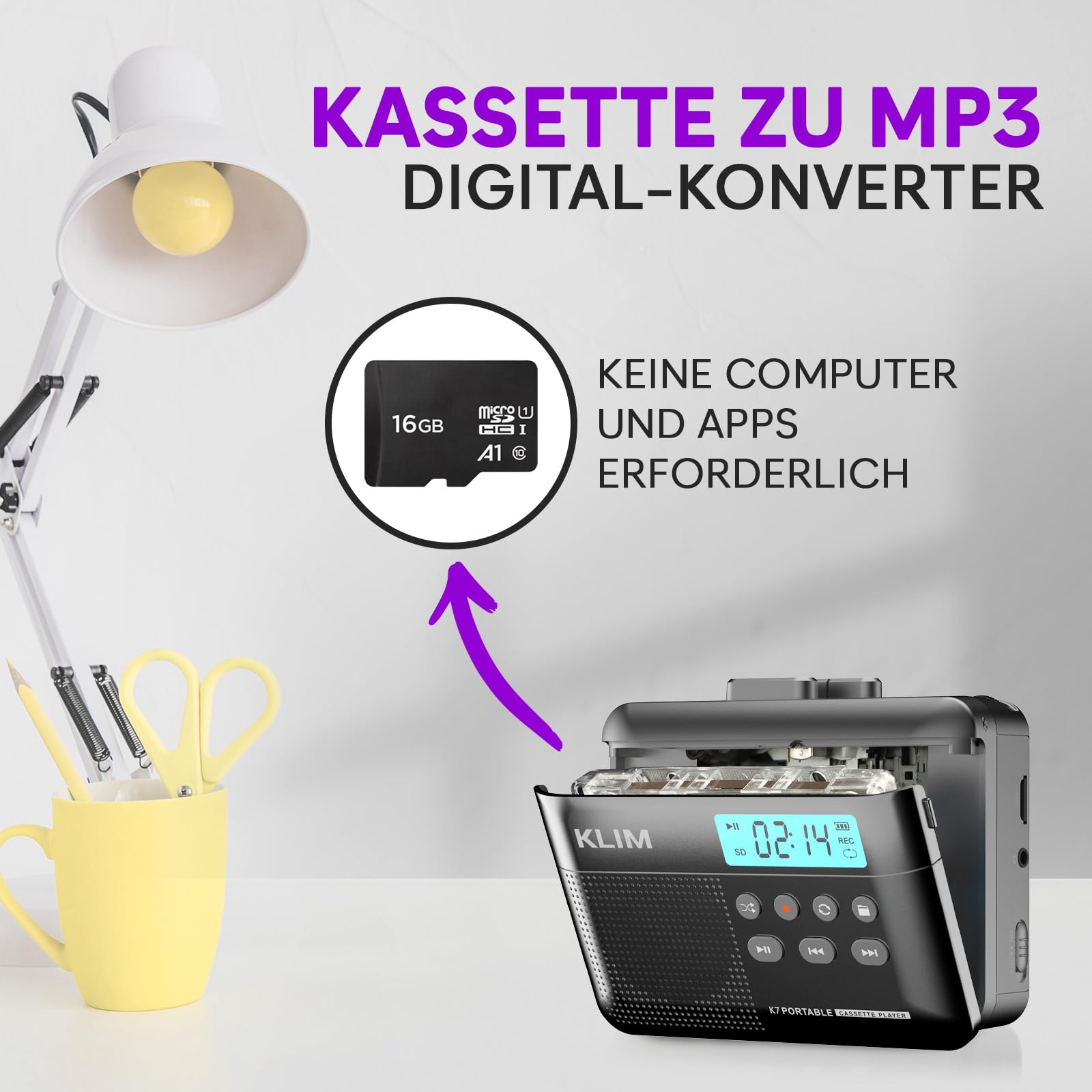 Kassettenspieler - Kassettenrekorder - Cassette Gerät - Kassetten Digitalisieren - Tragbarer - Mikrofon & Lautsprecher - Wiederaufladbarer Aufladbar - Stereoausgang - 16GB SD-Karte - Asche