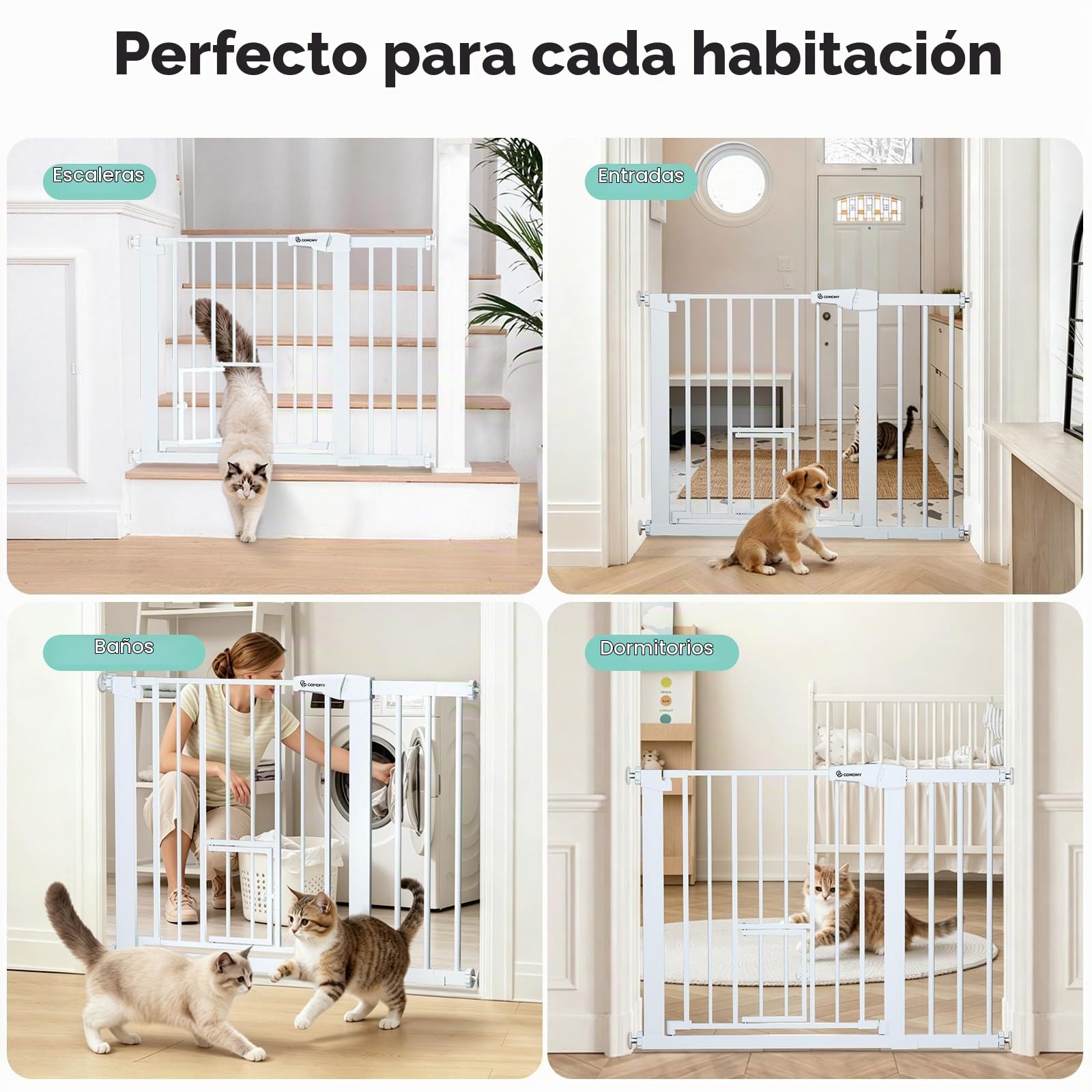 COMOMY Barrera para Perros con Puerta Pequeña y 2 Extensiones, 75-103 cm Barrera Seguridad niños Escalera, Auto Close, Sin Taladrar, Blanco | Puerta de seguridad montada a presión, incluye 4 tazas de pared y 2 piezas de extensión, color blanco