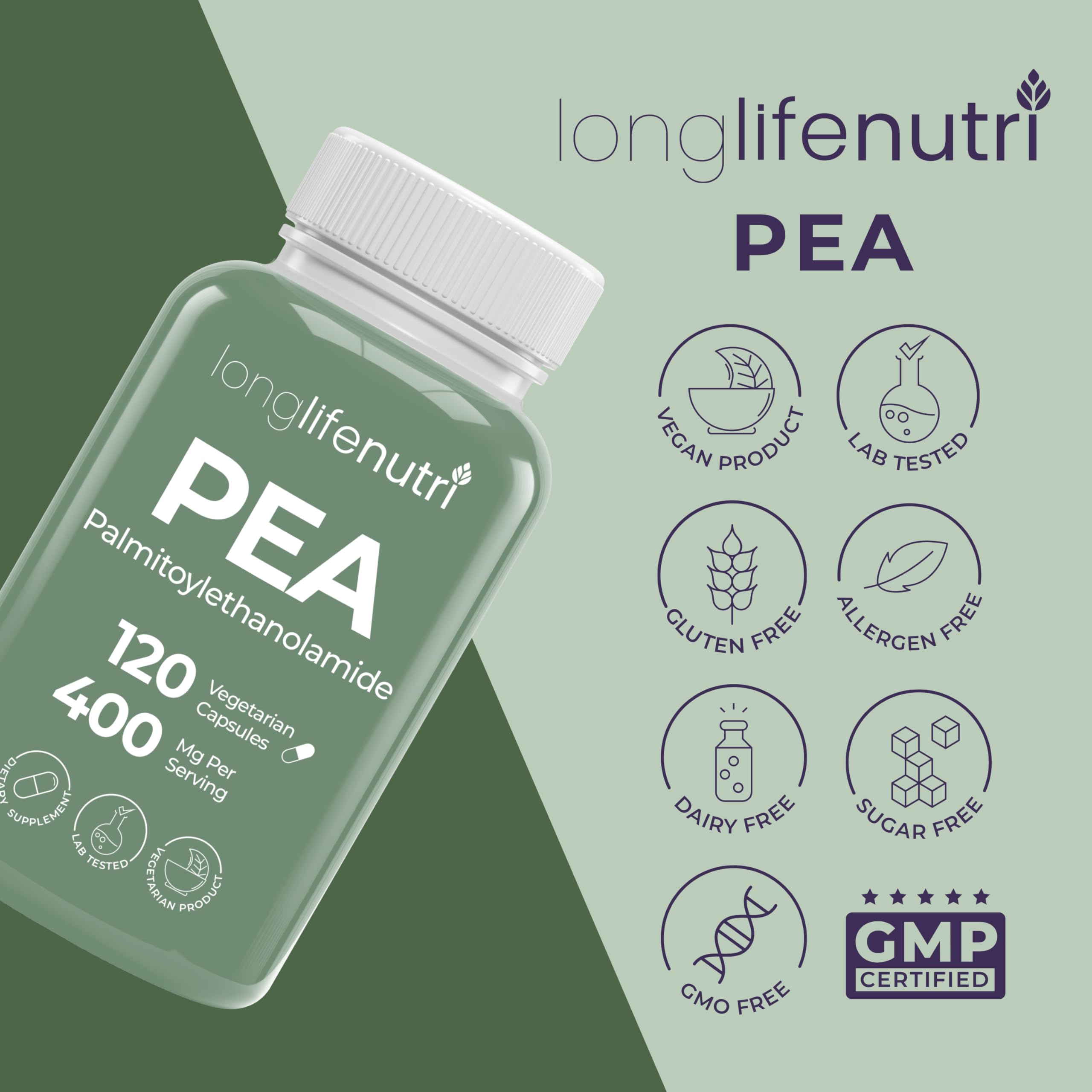 LongLifeNutri Palmitoylethanolamide Pea 400mg, 120 Capsules, 120 Servings — Amazon image 7