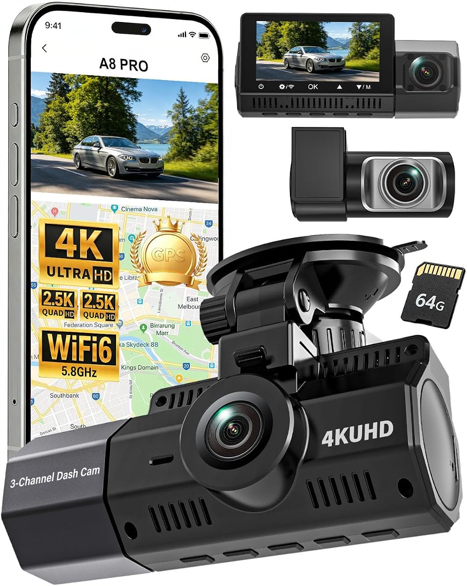 3 Channel Dash Cam Front and Rear Inside for Rideshare & Taxi | STARVIS 2 night vision, WiFi 6 app access, GPS and 64GB card for rideshare, taxi, commuting and family vehicles