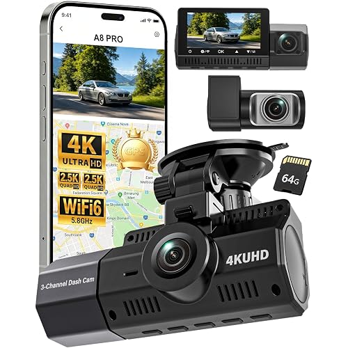 3 Channel Dash Cam Front and Rear Inside-4K+2.5K+2.5K, 4K Dash Cam, Free 64GB Card, WiFi Dashcam with GPS, G-Sensor,Loop Recording, HDR, 24H Parking Monitor, Car Dash Cam for Rideshare & Taxi