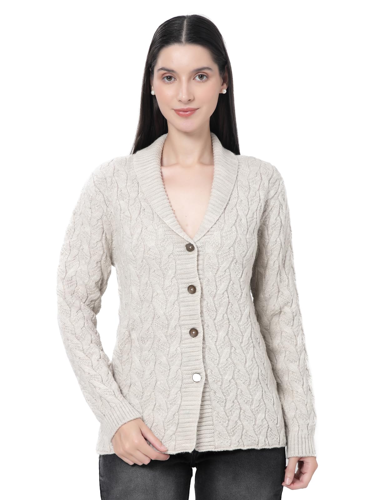 Women Full Sleeves Shawl Collar Cable Design Acrylic Cardigan-image-20