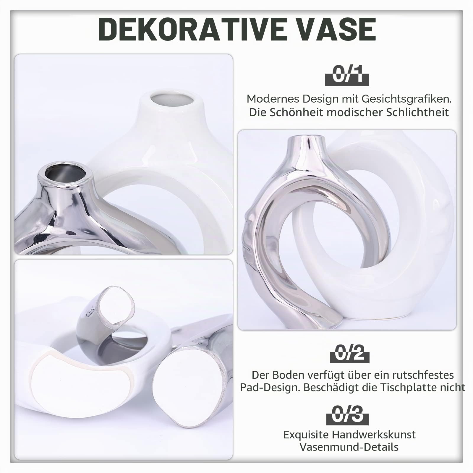 Weiße Keramikvase, 2er-Set, weiße und Silberne runde Donut-Keramik-dekorative Vase für Wohnzimmerdekoration, Bücherregal, Kaminsims, Esstisch, Tafelaufsatz (Weiß/Silber)