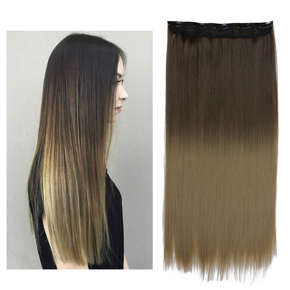 SARLA 24" Straight 1Pc 3/4 Full Head Clip In Colored Highlight Hair Extension Synthetic Ombre Hair Extensions Japan Heat Resistant Fiber 50 Colors Available(#666 10T16)